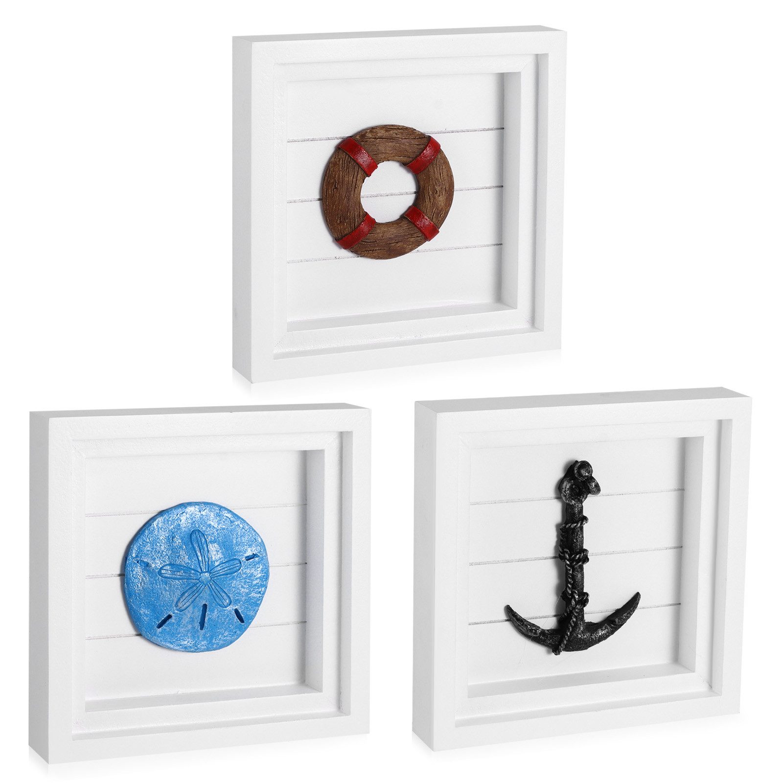 BlingBin Wanddekoobjekt 3D-Kunst-Ozean-Wanddekoration, 3pcs Küstendekor für Zuhause (16x16 cm) (3 Stück, 3 St., Muschel, Anker und Rettungsring), Wanddekoration für Wohnzimmer und Badezimmer im Ozeanstil