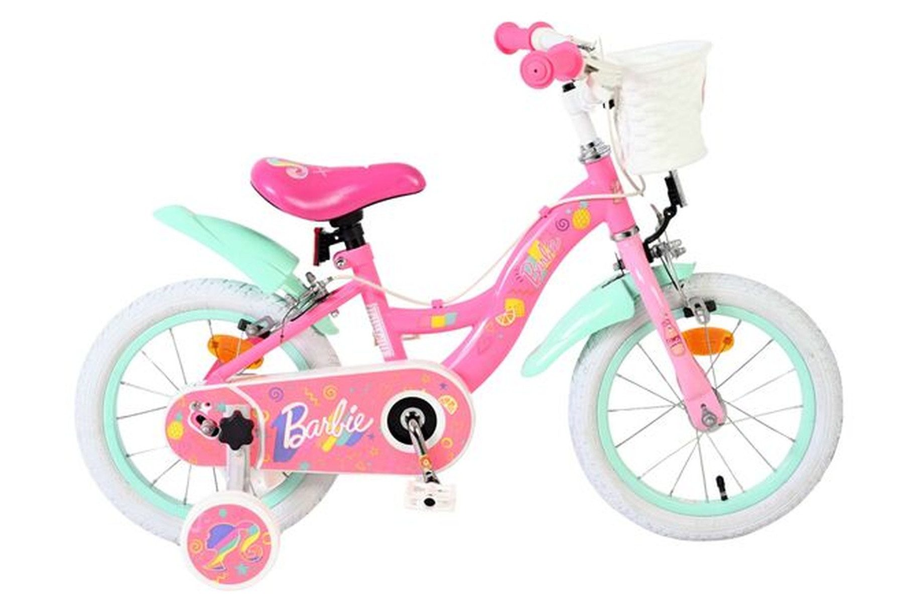 Volare Kinderfahrrad Barbie für Mädchen 14 Zoll Rosa – Zwei Handbremsen, stylisches Design, Abnehmbare Stützräder, Geschlossener Kettenschutz, Luftreifen