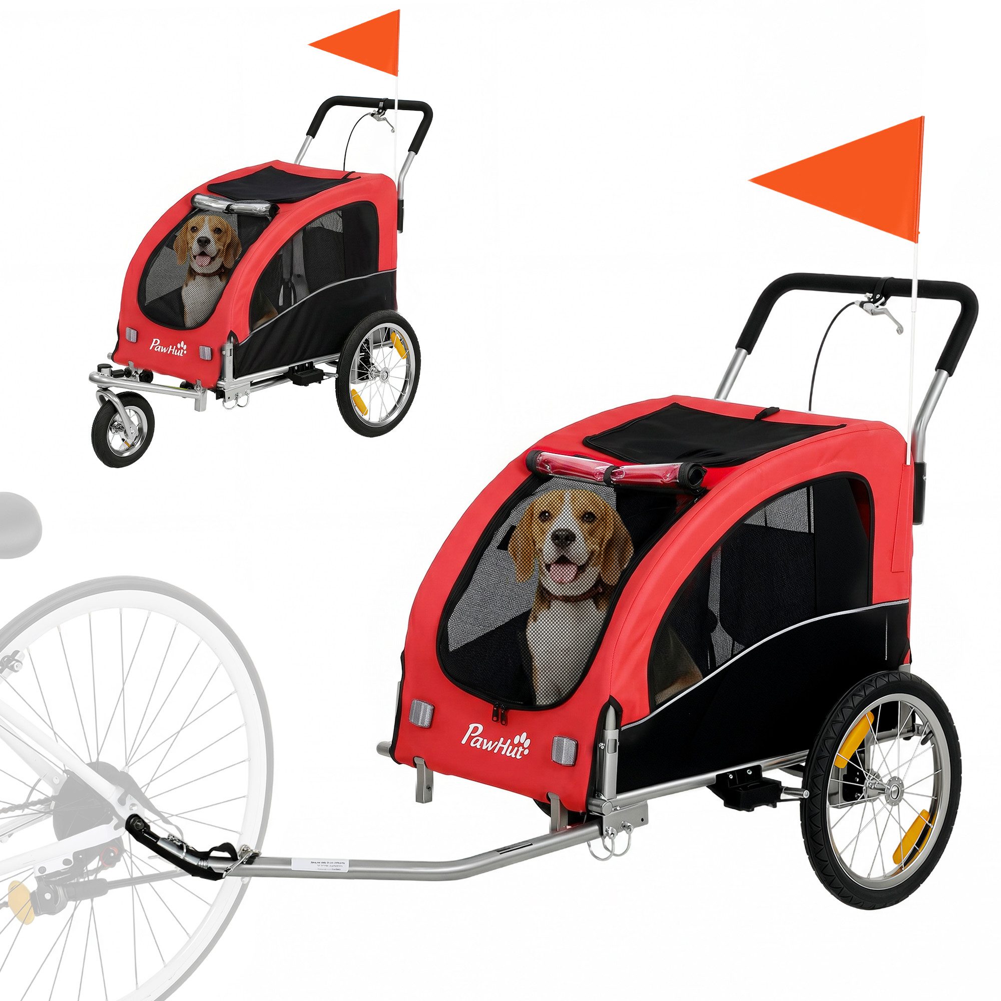 PawHut Fahrradhundeanhänger bis 20 kg Fahrradanhänger mit 600D Oxford, Reflektoren, Rot, 2-in-1 Hundeanhänger & Buggy, Federung, faltbar