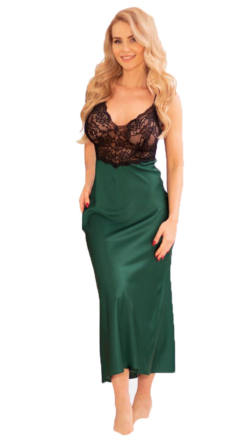 Kalimo Negligé Dessous Chmise Negligee grün/schwarzes langes Kleid aus Satin-Material
