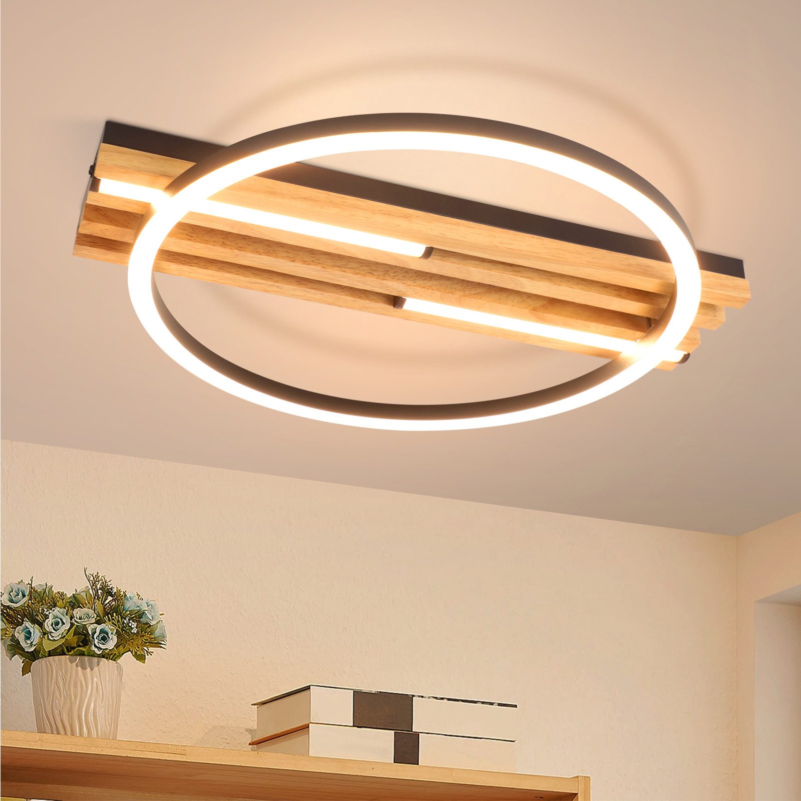 Nettlife LED Deckenleuchte Dimmbar Holz 3 Ringe 46W Modern Deckenlampe 70cm Wohnzimmer, LED fest integriert, für Schlafzimmer Büro Küche