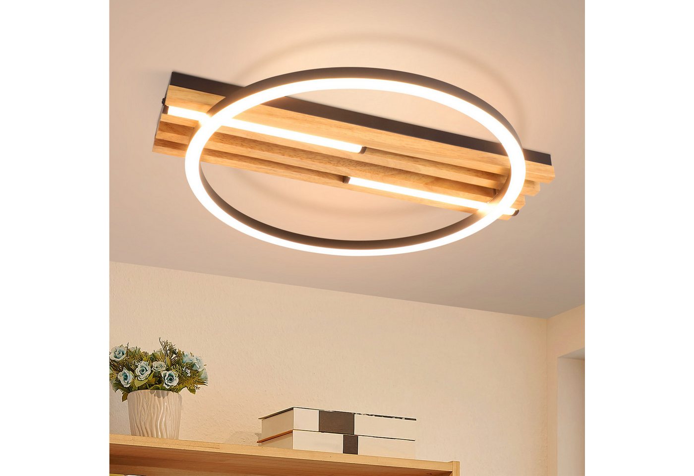 Nettlife LED Deckenleuchte Dimmbar Holz 2/3/4 Ringe Modern Deckenlampe Wohnzimmer, LED fest integriert, 24W 38*32*6.8CM für Schlafzimmer Büro Küche