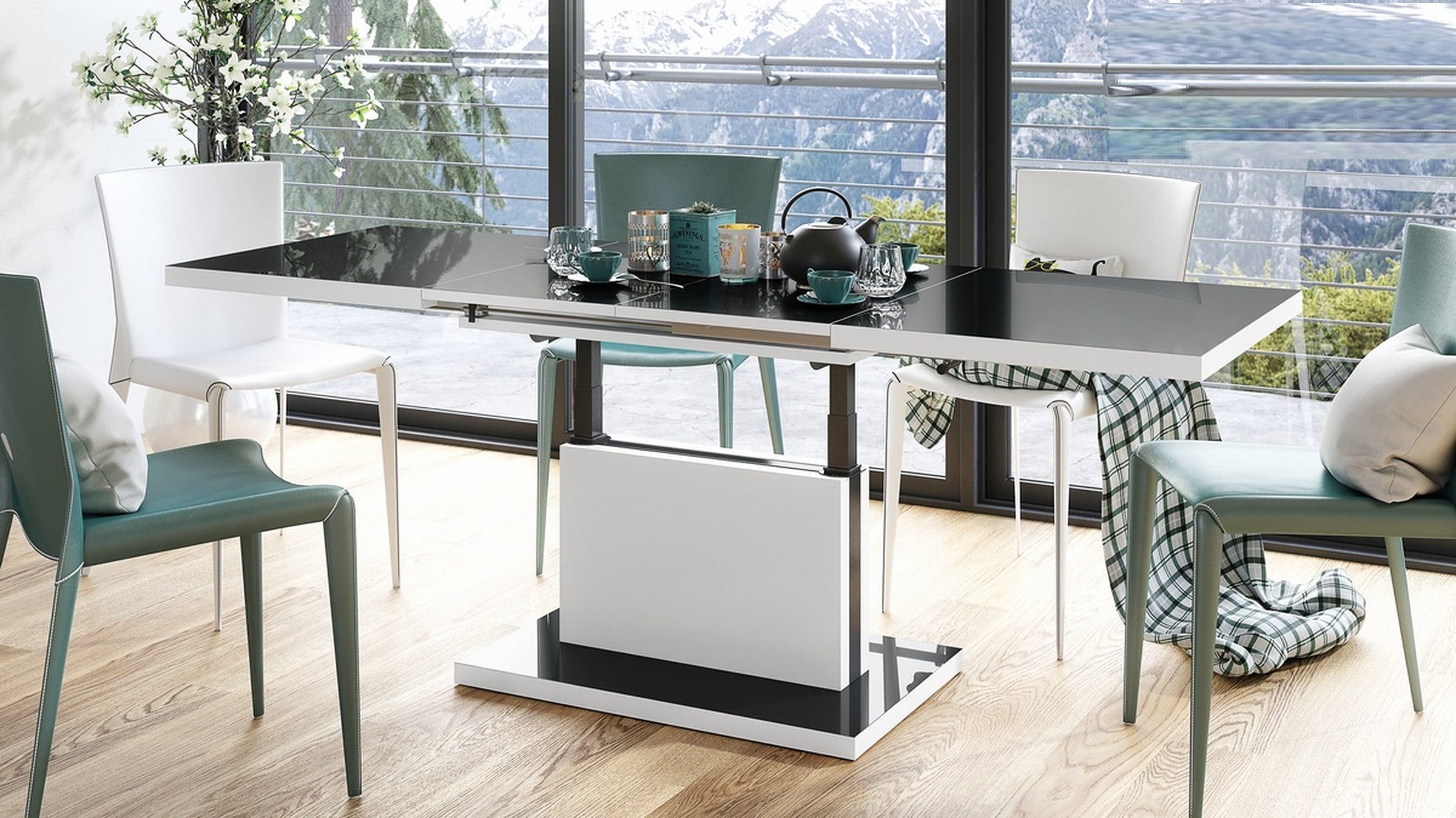 Mazzoni Couchtisch Aston Schwarz Hochglanz-Weiß matt höhenverstellbar ausziehbar 120-200, Funktionstisch, Wohnzimmertisch, Tisch, Esstisch, Sofatisch – Bild 2 von 5