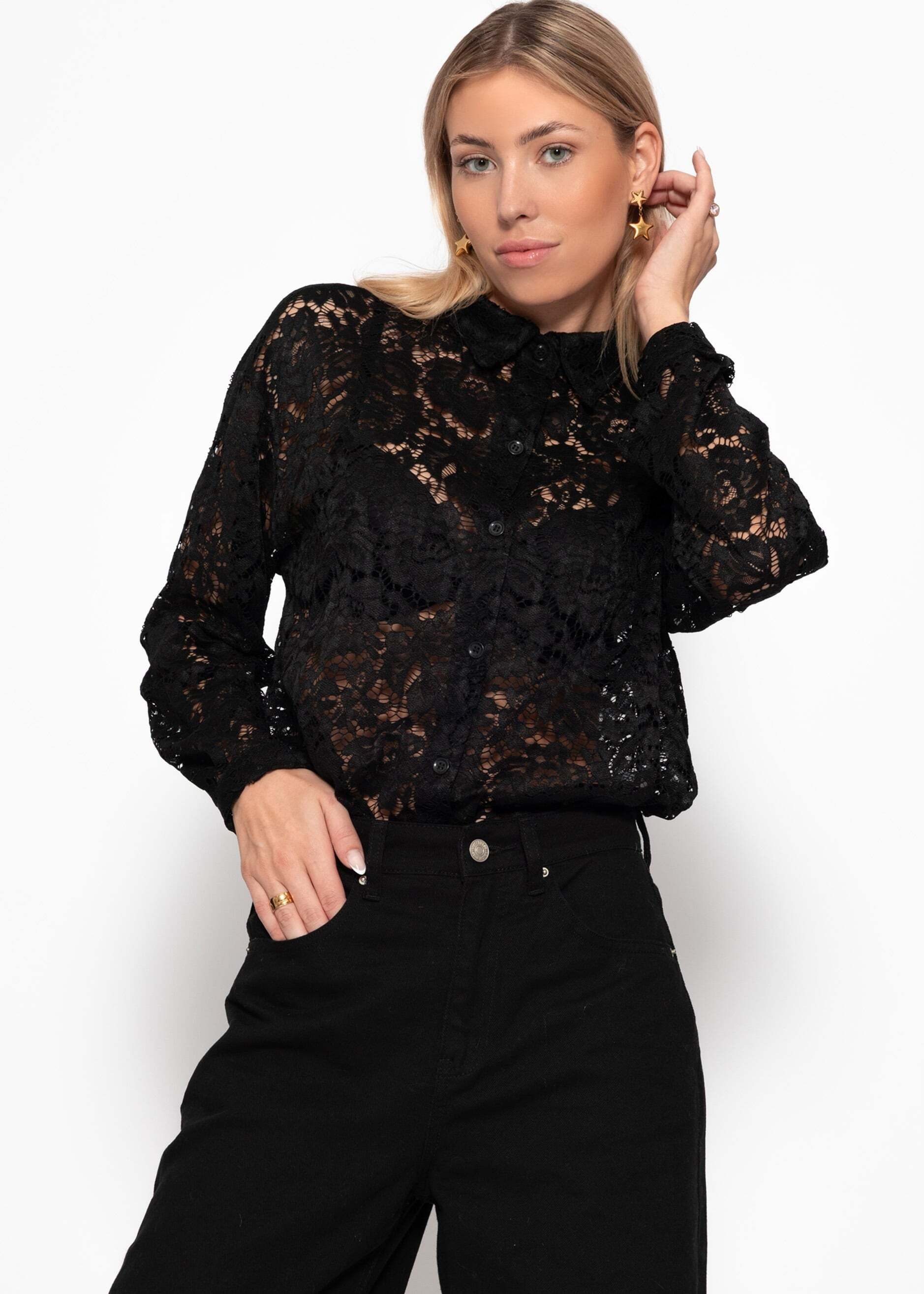 SASSYCLASSY Langarmbluse Bluse aus transparenter Spitze für Damen Elegante Buse mit Рубашки-блузкиkragen im lockeren Schnitt Braun Schwarz