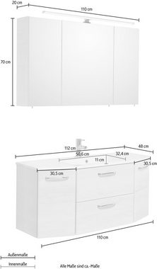 Saphir Badmöbel-Set Quickset 2-teilig, Mineralmarmor-Waschtisch mit LED-Spiegelschrank, (Set, 2-St), Unterschrank mit Waschbecken, inkl. Türdämpfer, Griffe Chrom Glanz