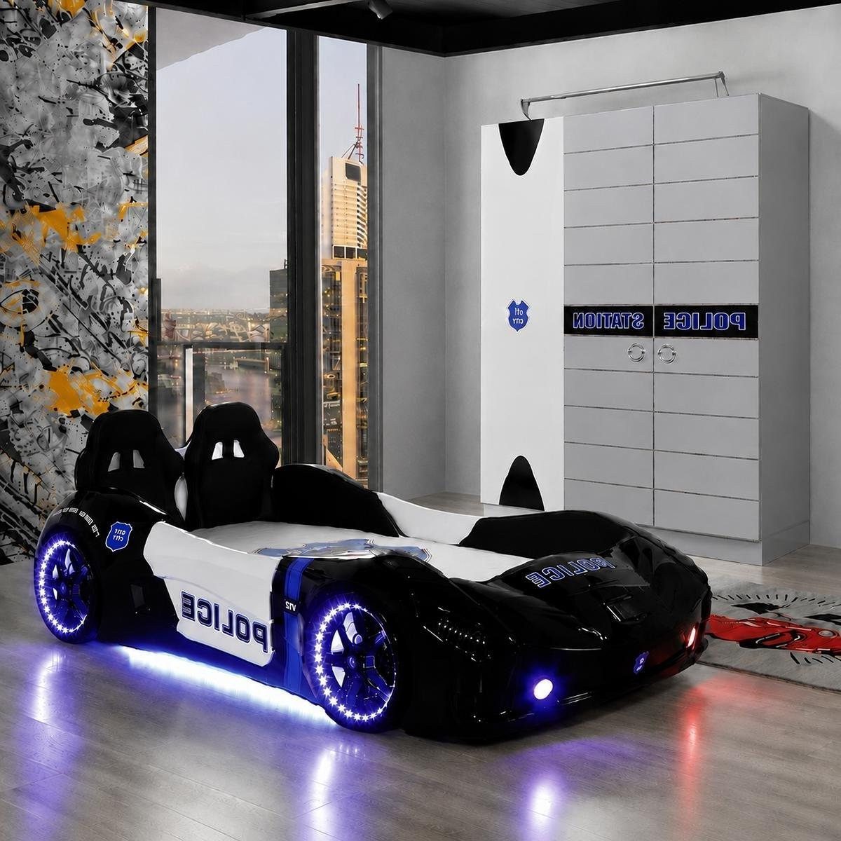Xlmoebel Jugendzimmer-Set Autobett Polizei Kinderbett Rennwagen Schwarz LED Kleiderschrank, (2-tlg., 2-tlg)