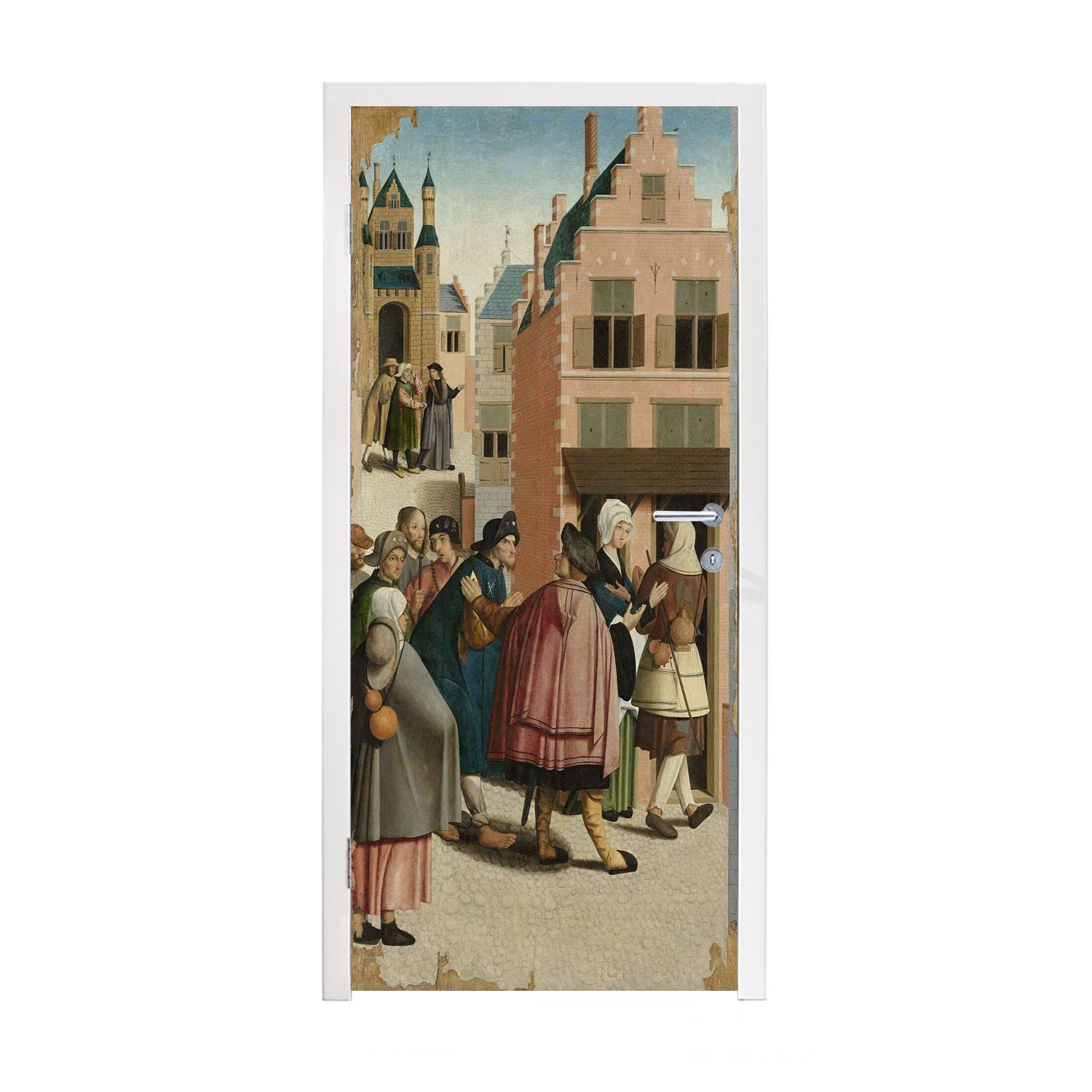 MuchoWow Türtapete Die sieben Werke der Barmherzigkeit: Beherbergung der Fremden -, Matt, bedruckt, (1 St), Fototapete für Tür, Türaufkleber, 75x205 cm
