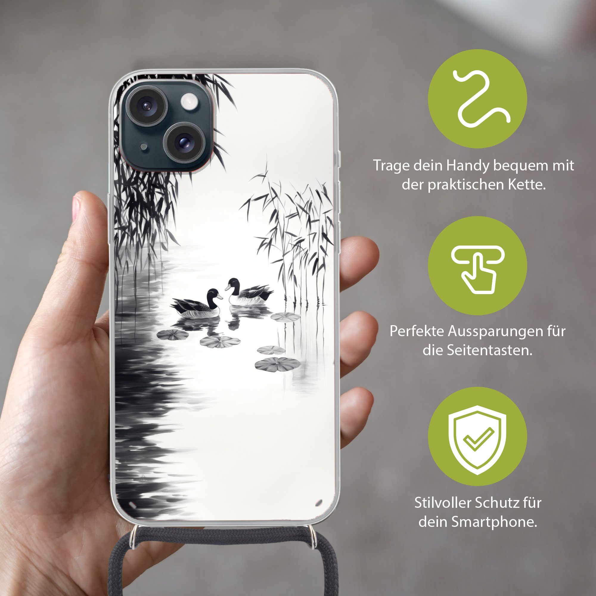 MuchoWow Handyhülle für Apple iPhone 15 Plus Enten - Seerosen - Schilf - Schwarz, Tragbare Handyhüllen mit Kette zum umhängen, Handykette Handyband