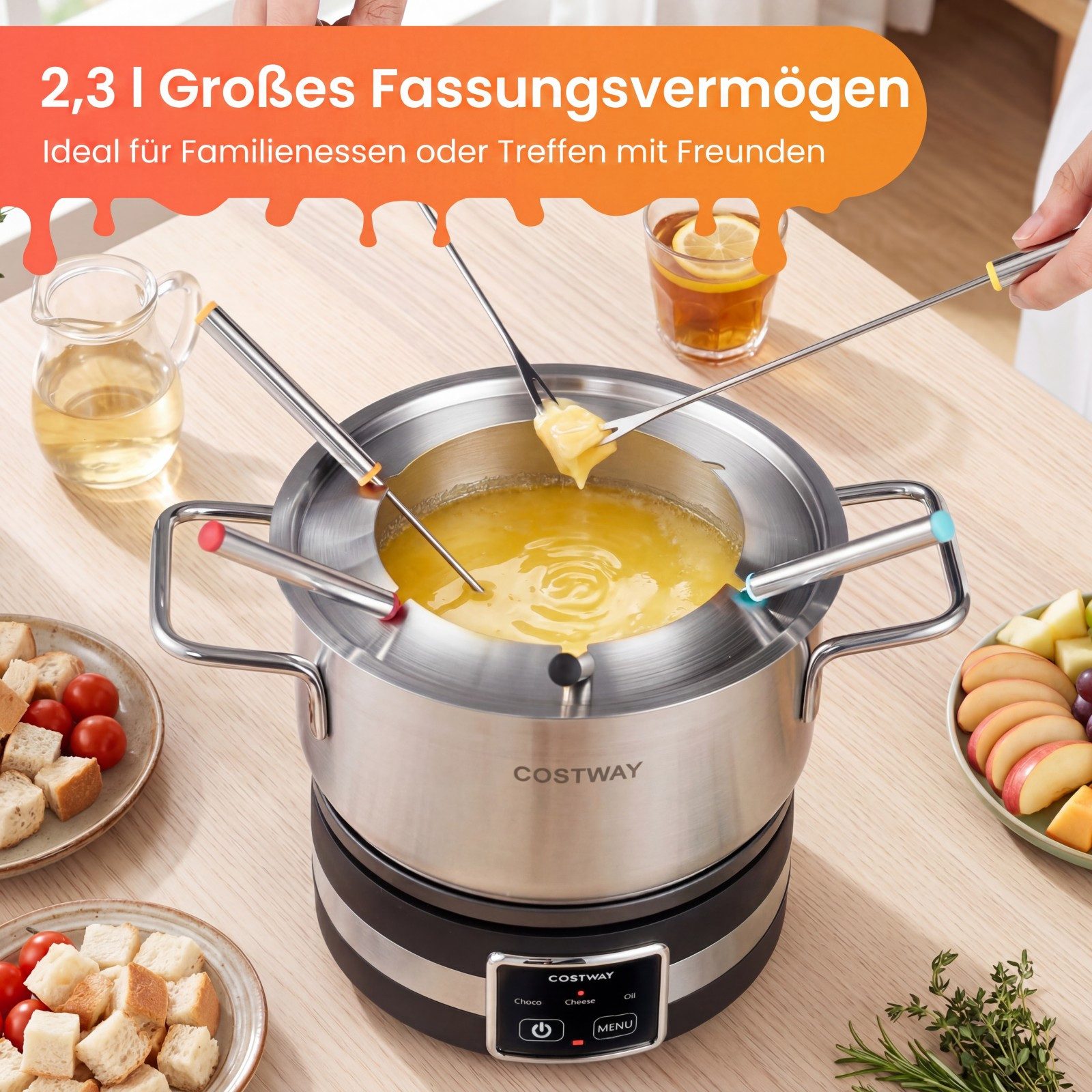 COSTWAY Elektro-Fondue, 1200W Fondueset mit 8 Gabeln & 2,3L Edelstahl-Topf