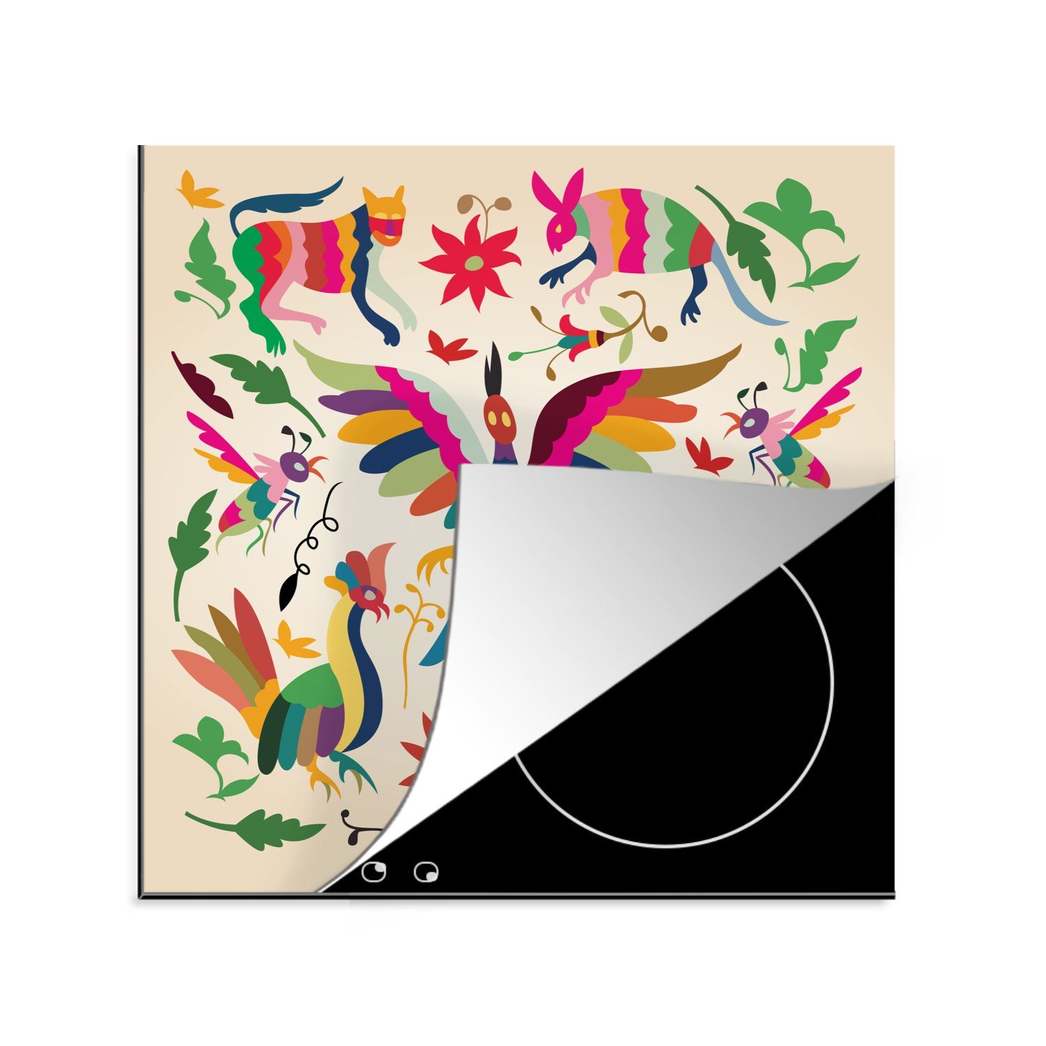 MuchoWow Herdblende-/Abdeckplatte Frühling Illustration bunte Tiere, Vinyl, (1 tlg), 78x78 cm, Ceranfeldabdeckung, Arbeitsplatte für küche | Herdabdeckplatten