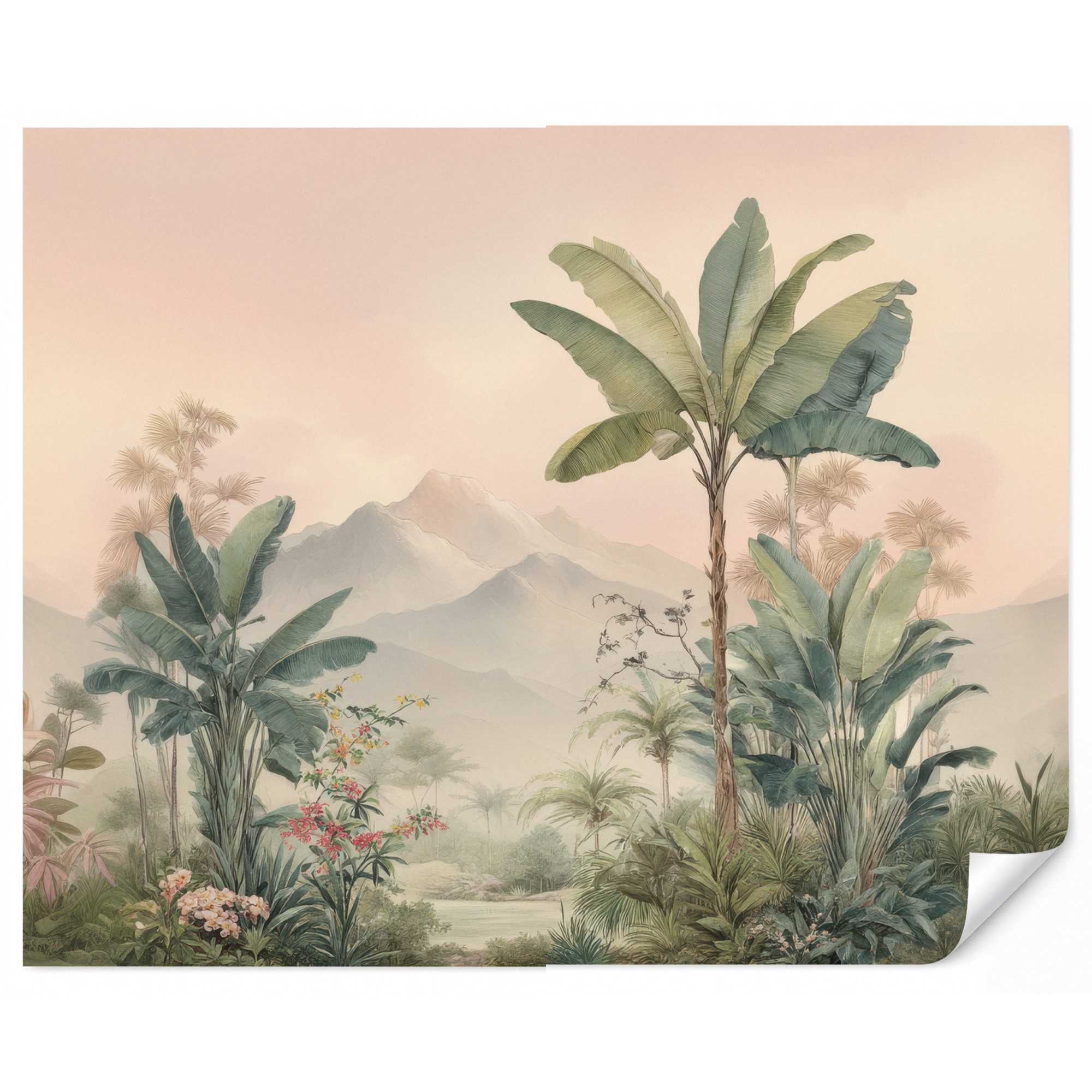OnlyWow Fototapete Tropische Landschaft - Palmen - Blumen - Rosa Himmel, Matt, bedruckt, Wandtapete, Wohnzimmer, Vinyl Tapete 260x220cm