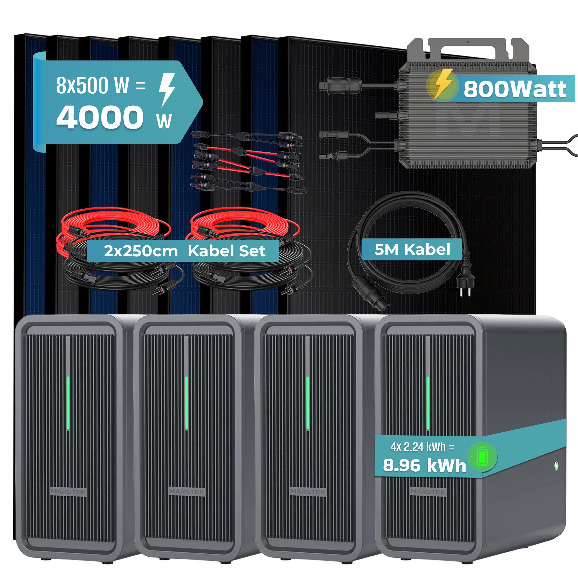 SUNNIVA Balkonkraftwerk 4000W Balkonkraftwerk mit 8,96 kWh Speicher, (MARSTEK 4x B2500-D, BIFAZIAL FULLBLACK komplett Steckdose, PV Solaranlage Komplettset mit Solarspeicher, 8x 500W N-Type Glas Bifacial Module)