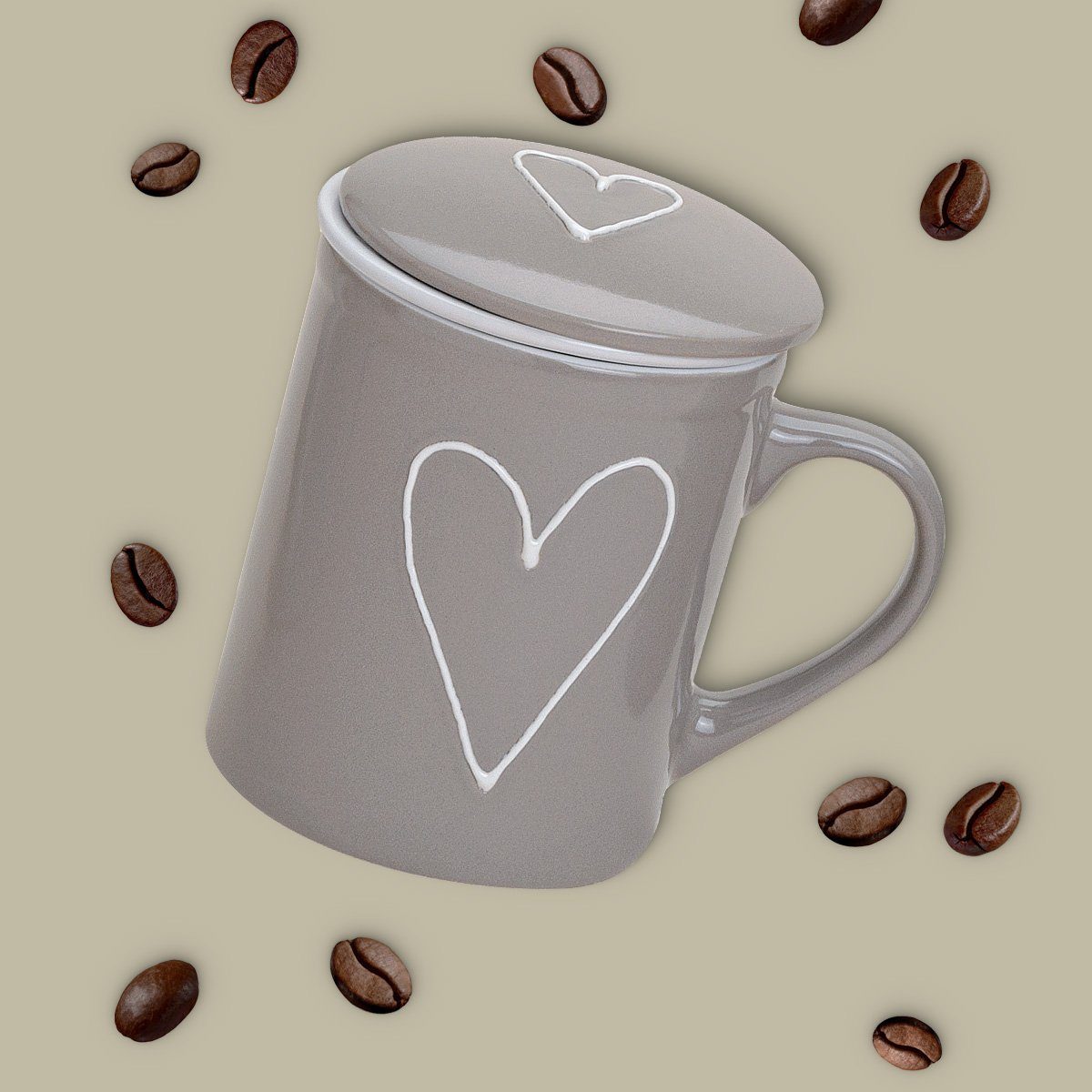 matches21 HOME & HOBBY Tasse Teetassen 2er Set mit Deckel und Teesieb Landhaus-Stil Herzen, 6-tlg., Porzellan, Tee Kaffee-Becher Kaffeetassen, klassisch, grau weiss, 300 ml