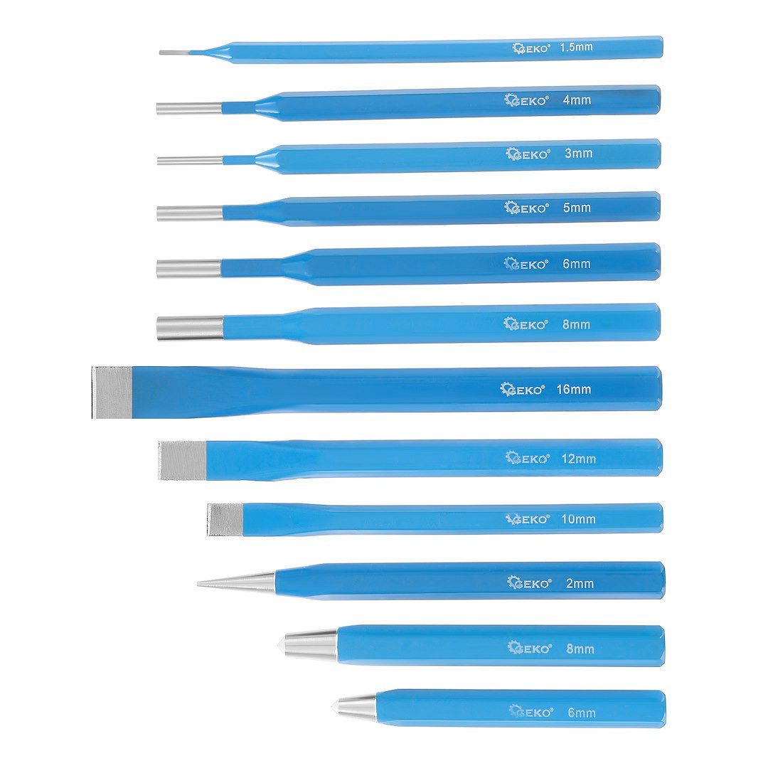 GEKO Flachmeißel 12tlg Splinttreiber Körner Flachmeißel Durchschlag Set Cr-V Stahl, (Set, 12-tlg., Set) Cr-V-Stahl, gehärtete Schlagflächen, inkl. Etui