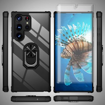 Nalia Smartphone-Hülle Samsung Galaxy S23 Ultra, Klare Hybrid Ring Hülle / 2x Displayschutz / Standfunktion / Kratzfest