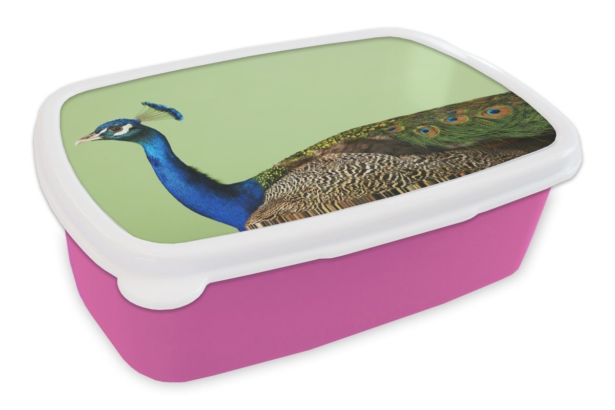 MuchoWow Lunchbox Pfau - Tiere - Grün, Kunststoff, (2-tlg), Brotbox für Erwachsene, Brotdose Kinder, Snackbox, Mädchen, Kunststoff rosa