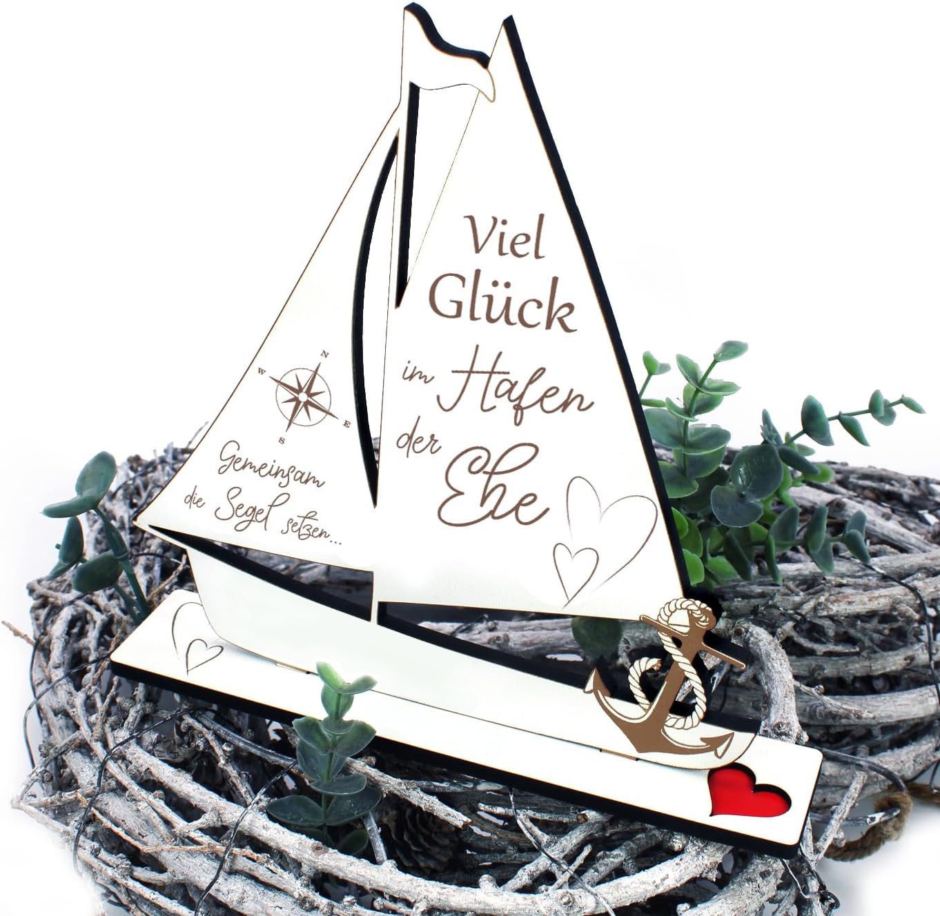 Dekolando Dekoobjekt Geldgeschenk zur Hochzeit Schiff - Viel Glück im Hafen der Ehe (2-teilig, Weiß), HDF