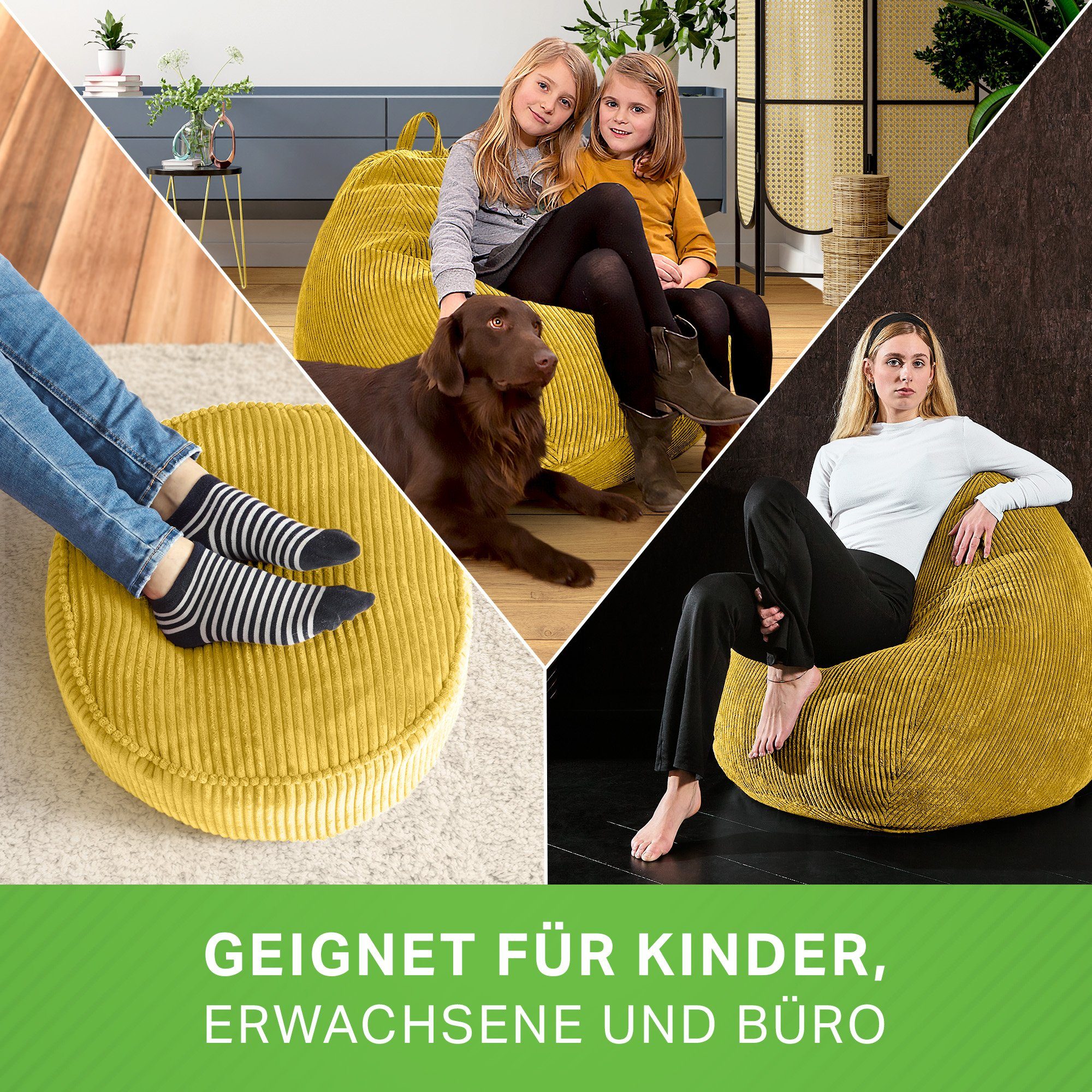 Green Bean Relax + Pouf Indoor Sessel Sitzhocker, Scoop Sitzkissen mit Gelb Cord, Sitzsack