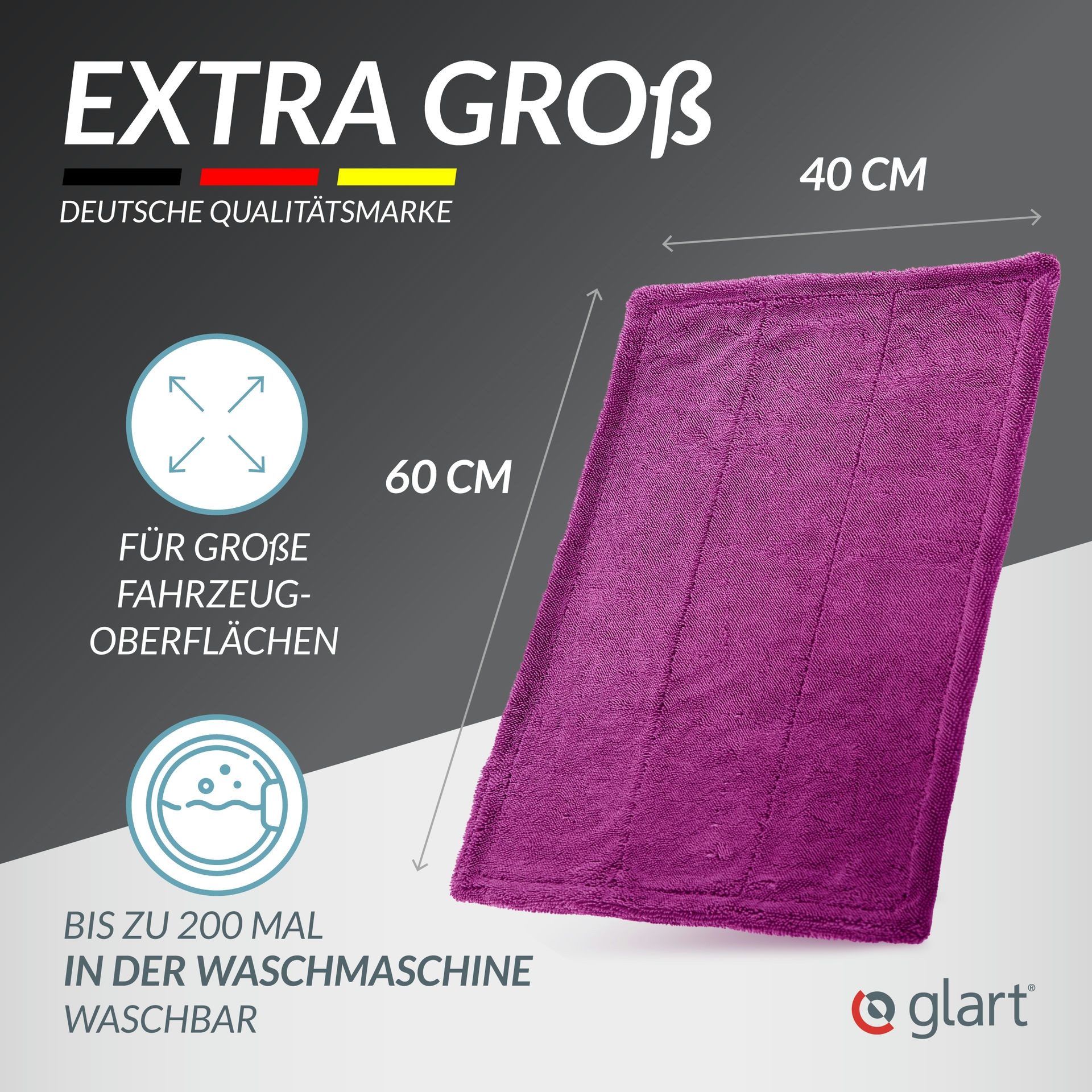 Glart 44TW6P Twist Auto Mikrofaser Trockentuch XXL 60x40cm extrem saugstark Mikrofasertuch (80% Polyester, 20% Nylon, 40x60 cm) – Bild 5 von 5