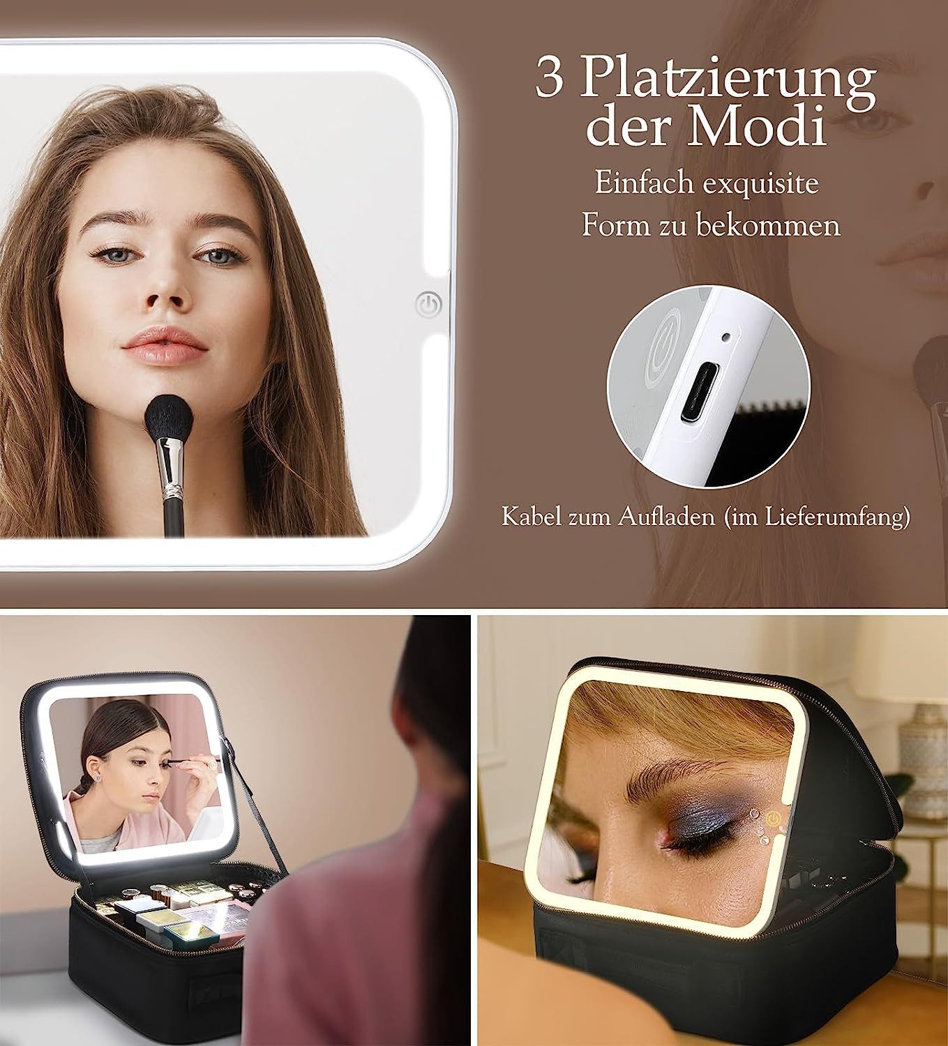 ibettertec Kosmetiktasche Kosmetiktasche mit Beleuchtetem Spiegel,Make Up Tasche (mit 3 Farbe LED Licht,Schminktasche mit verstellbaren Trennwänden,Reise Kosmet – Bild 4 von 5