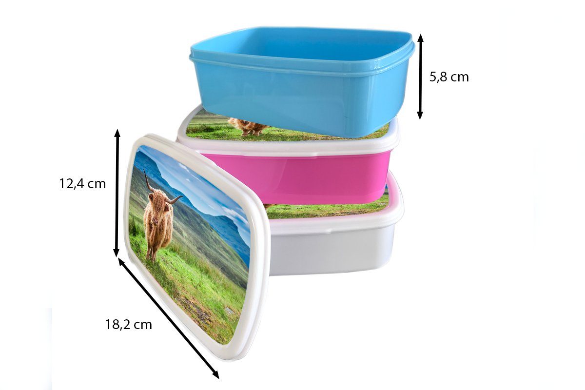 Brotdose Mädchen, Brotbox Kunststoff rosa Natur Lunchbox - Erwachsene, - - Berg für MuchoWow Kinder, Gras, - (2-tlg), Snackbox, Schottischer Hochländer Kuh Kunststoff,