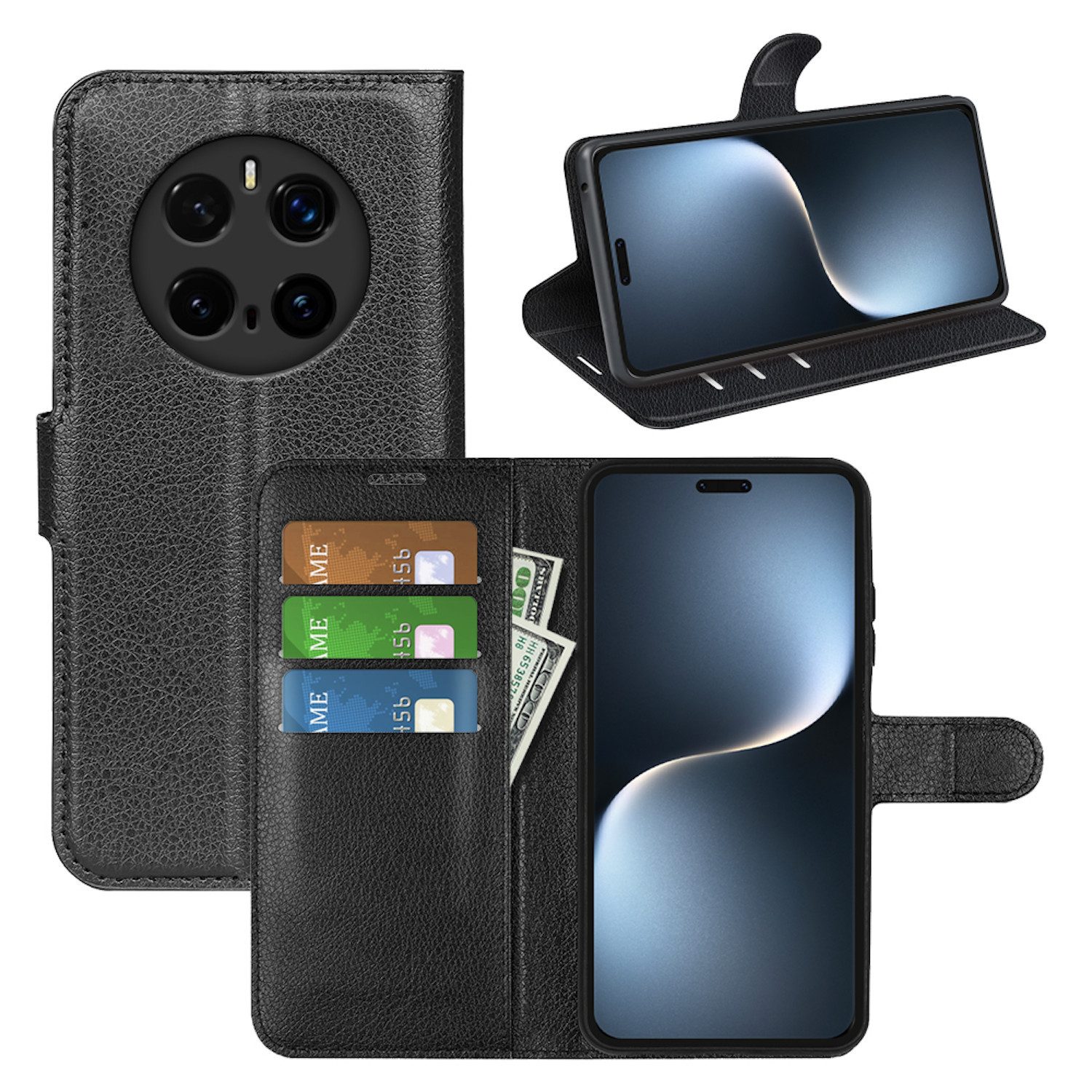 Wigento Smartphone-Hülle Für Honor Magic 7 Pro Kunst-Leder Book Wallet Tasche Hülle Schwarz, Kunstleder Book Wallet Hülle mit Magnetverschluss