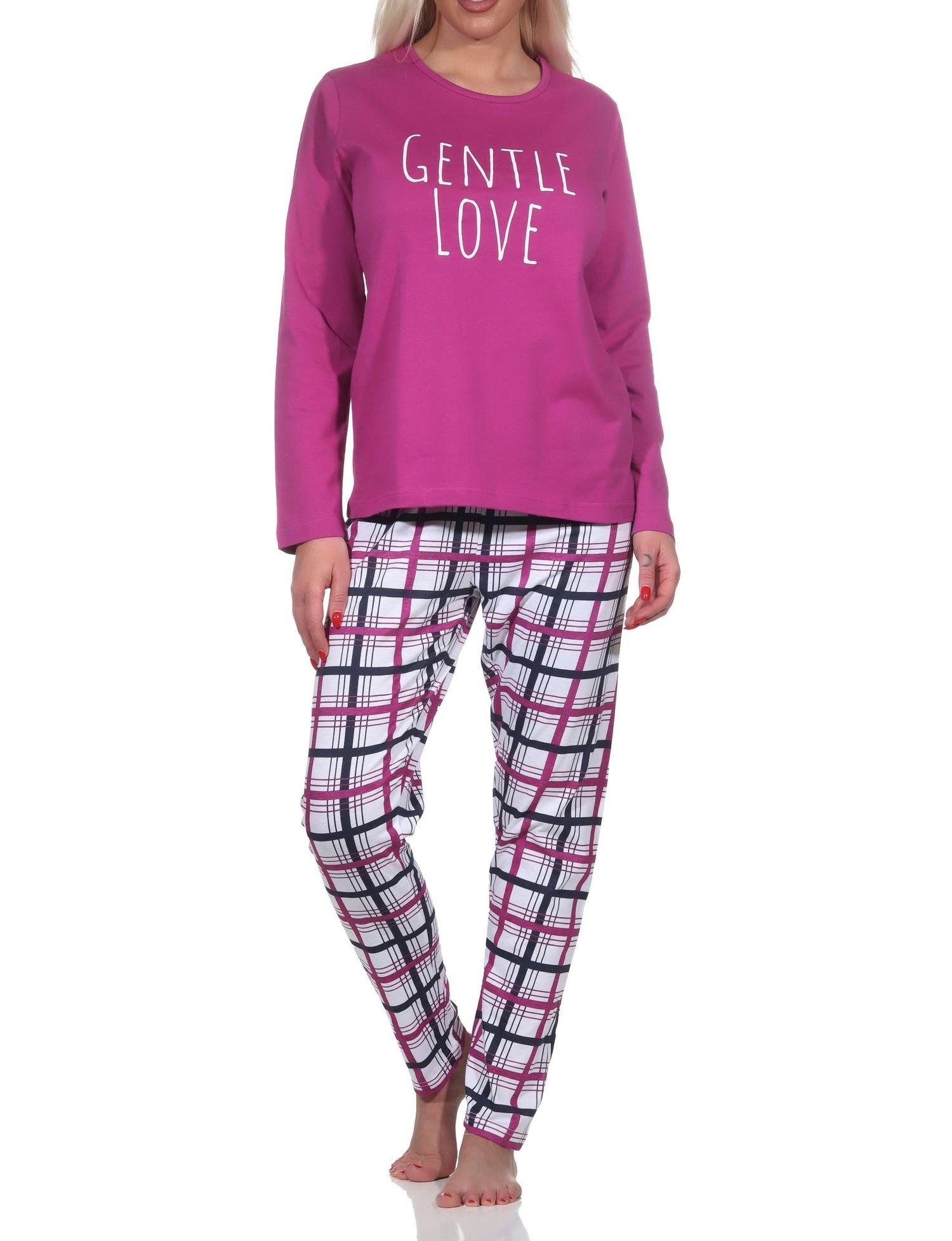 Pyjama Normann Damen langarm Schlafanzug mit Jersey Hose in Karo Optik