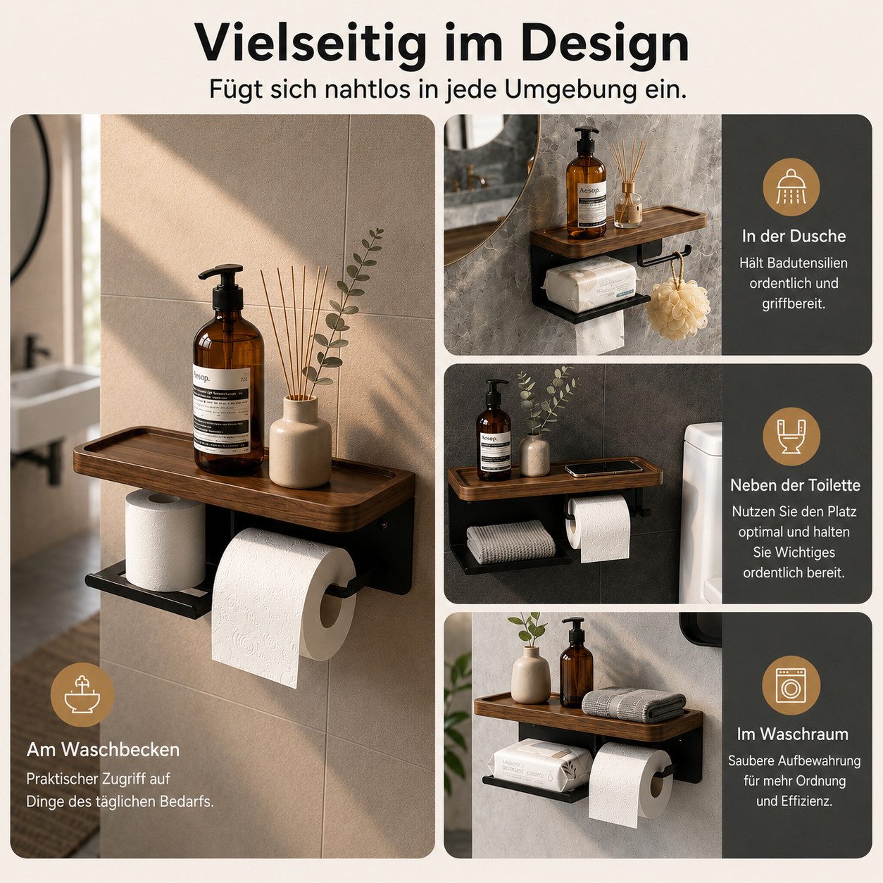 Diwzbyn Toilettenpapierhalter Toilettenpapierhalter mit Holzablage, SUS304 Edelstahl, Walnussablage, Selbstklebend oder Schraubmontage – Bild 5 von 5