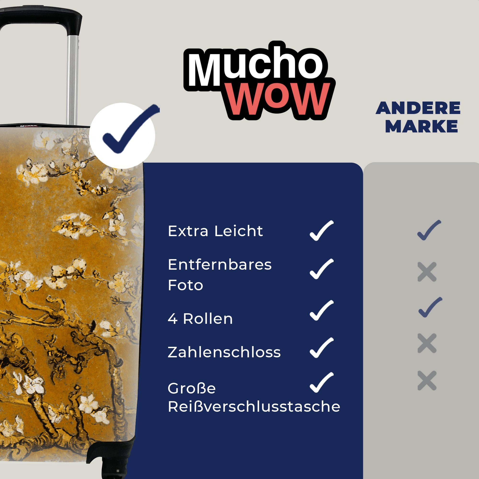 - Handgepäckkoffer - Rollen, Gold, Handgepäck Van Reisekoffer - Gogh MuchoWow Kunst Trolley, 4 Mandelblüte Ferien, rollen, Reisetasche für mit