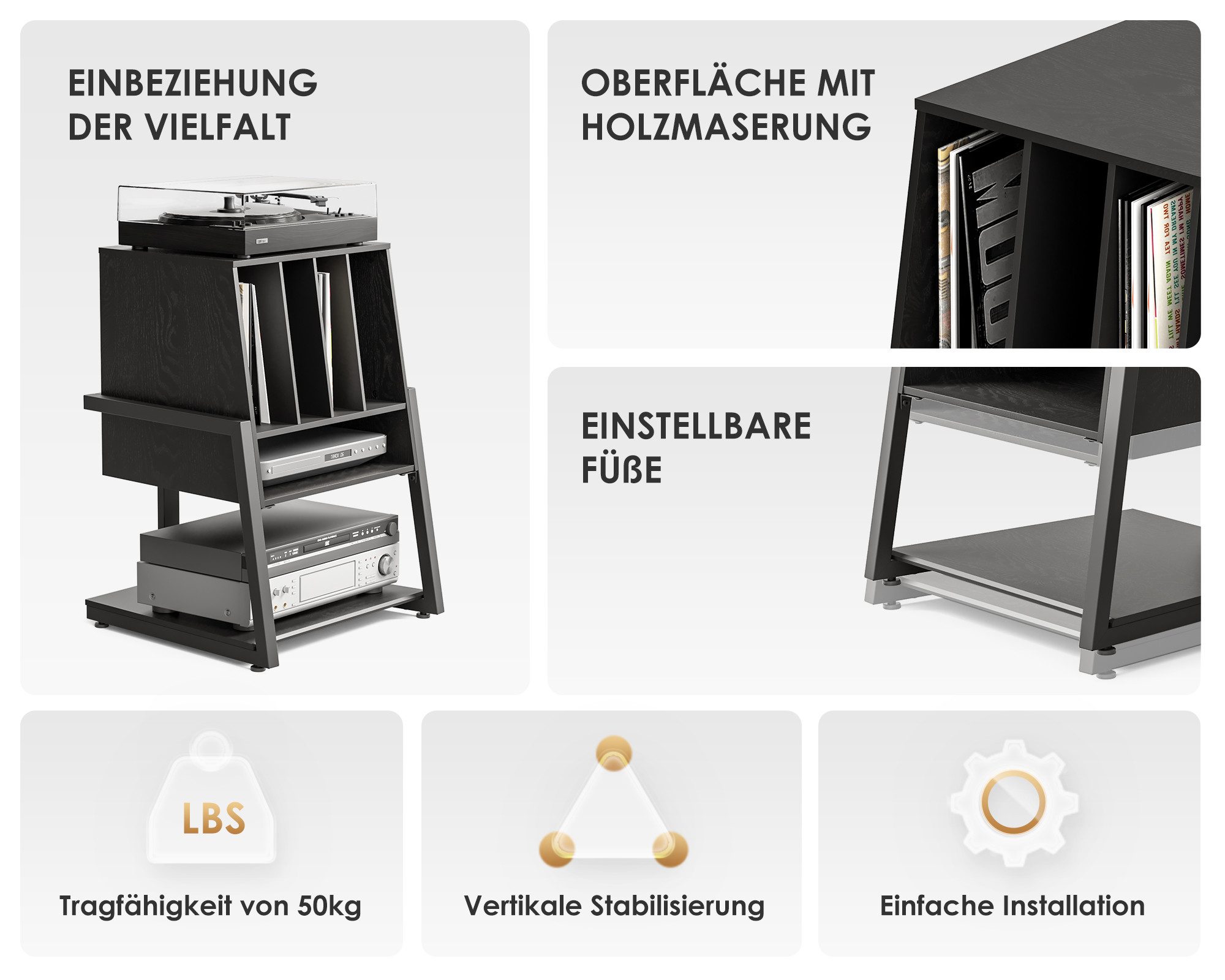 FITUEYES TV-Regal HIFI Rack mit 5 Fächern, 78 cm hoch, Stauraum für 120 Schallplatten, rutschfeste Füße, für Rollen nachrüstbar – Bild 4 von 5