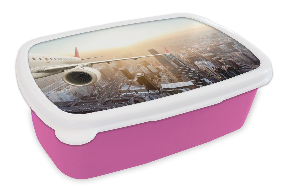 Kunststoff über für Flugzeuge Brotbox rosa Kunststoff, Brotdose Kinder, (2-tlg), Erwachsene, Peking, Lunchbox Snackbox, MuchoWow Mädchen,