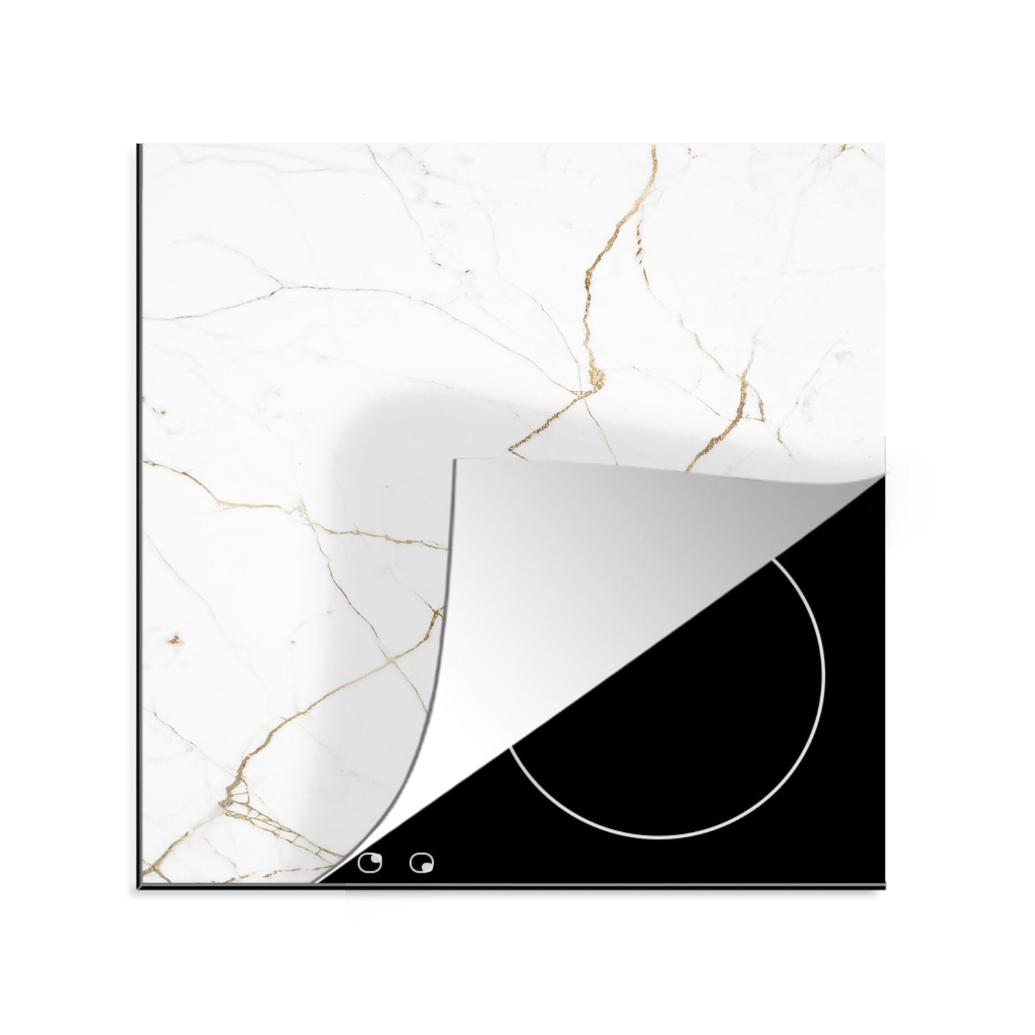 MuchoWow Herdblende-/Abdeckplatte Marmor - Gold - Weiß - Stein, Vinyl, (1 tlg), 78x78 cm, Ceranfeldabdeckung, Arbeitsplatte für küche