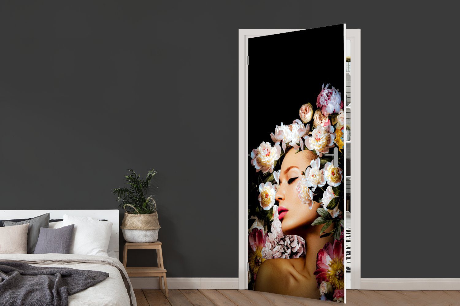 St), - Fototapete MuchoWow Rosen Türaufkleber, Frauen Tür, - Matt, Porträt, 75x205 cm - für Blumen (1 bedruckt, Türtapete