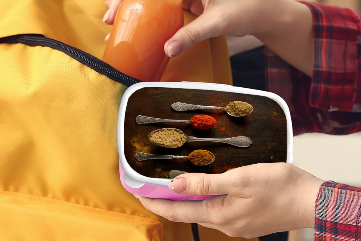 MuchoWow Lunchbox Indische (2-tlg), Brotdose für rosa Kunststoff Gewürze Erwachsene, Kinder, Kunststoff, einem auf Brotbox Mädchen, Löffel, Snackbox