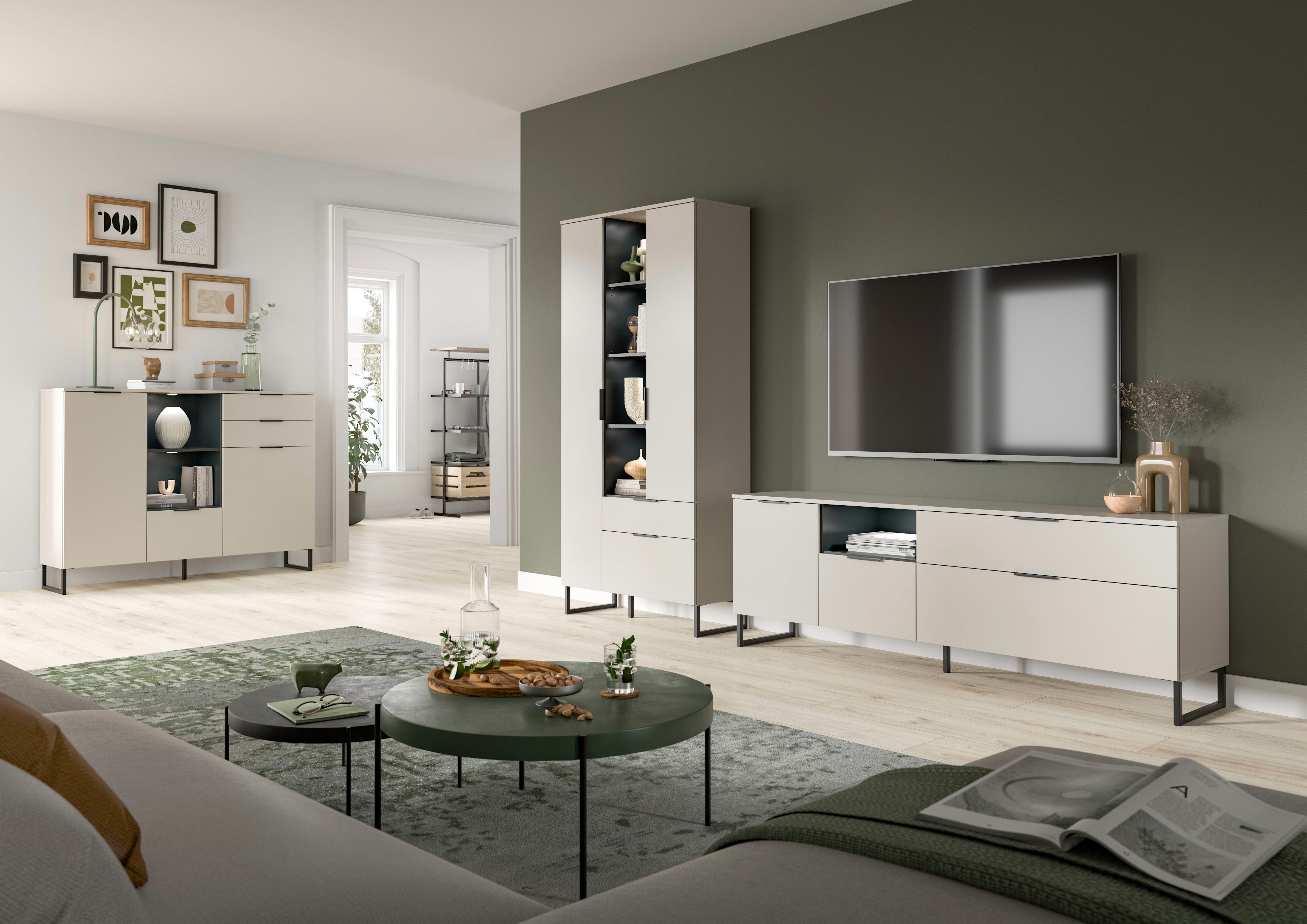 Home affaire Wohnwand ADIO, Breite 290 cm, 2-teiliges Set, mit Metall-Kufenfüße, (Set, 2-St., bestehend aus: Mehrzweckschrank und Lowboard), Kombination, Anbauwand, Set, Wohn-Set, Wohnzimmer-Set, Schrankwand