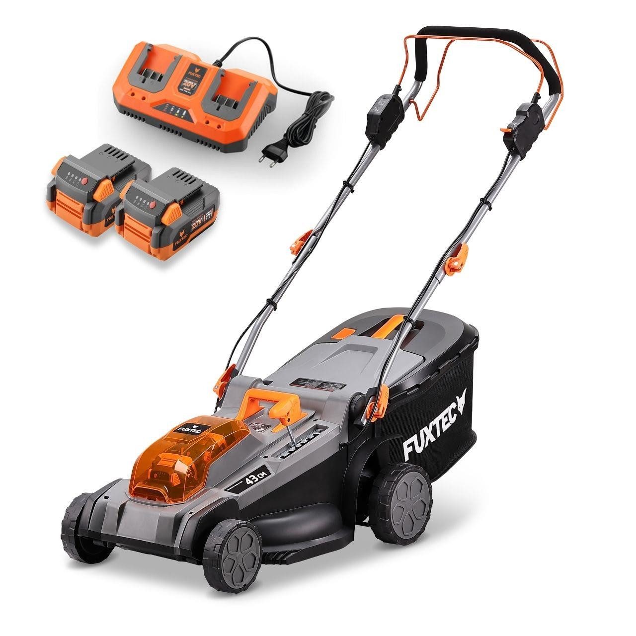 FUXTEC Akkurasenmäher FX-E2RM43PROSET, 43 cm Schnittbreite, 40V, variable Geschwindigkeit, Radantrieb, Mulchfunktion