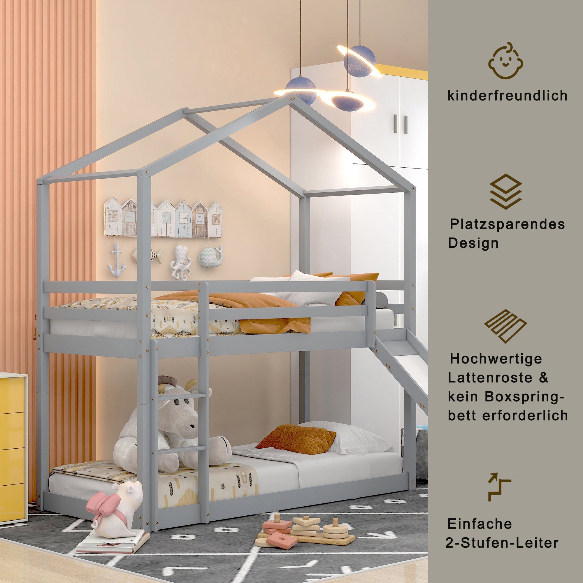 Etagenbett (Kinderbett Hausbett 90x200 cm), Hochbett mit Lattenrost, Rutsche, Rausfallschutz und Leiter, Kiefer