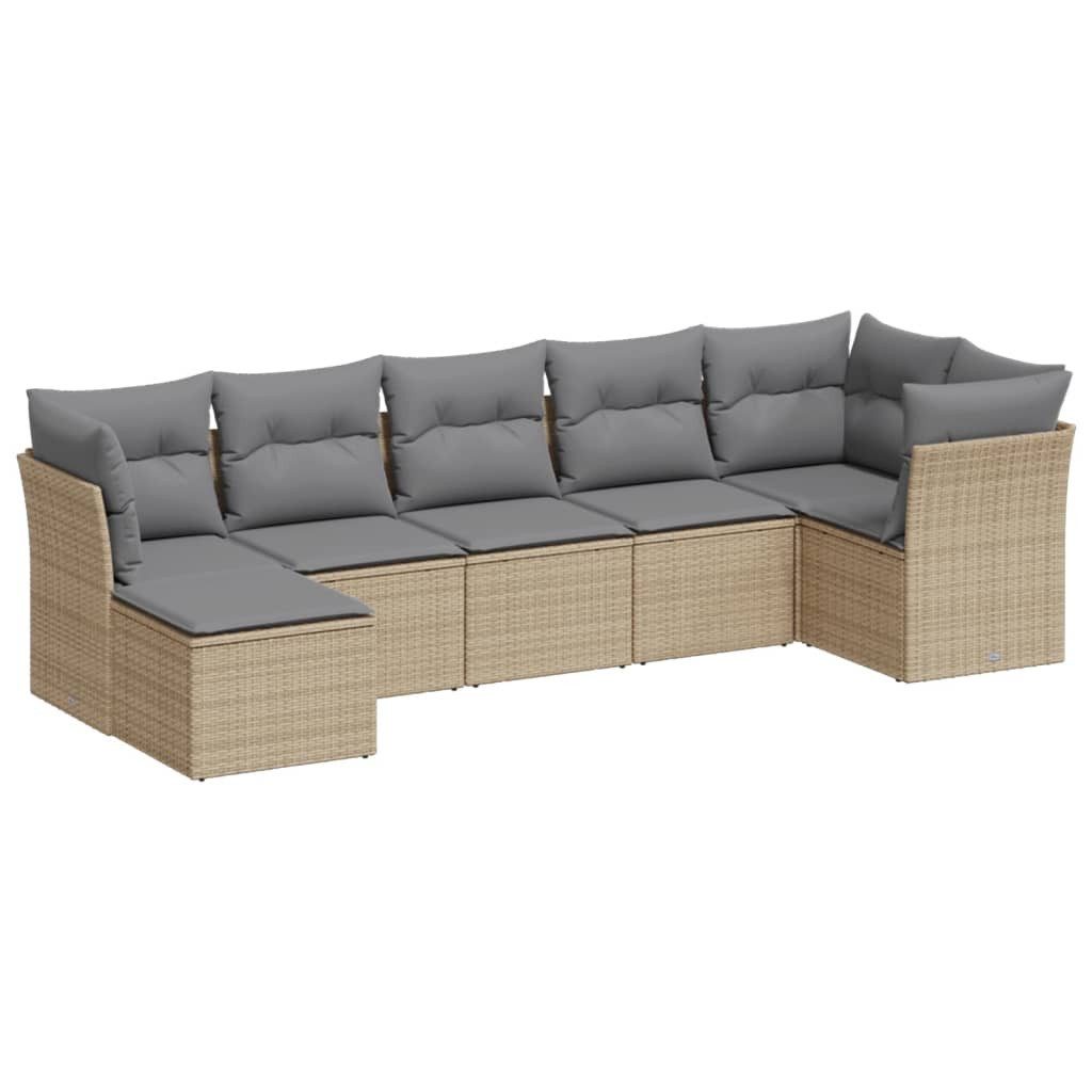 Gartenlounge-Set 7-tlg. Garten-Sofagarnitur mit Kissen Beige Poly Rattan