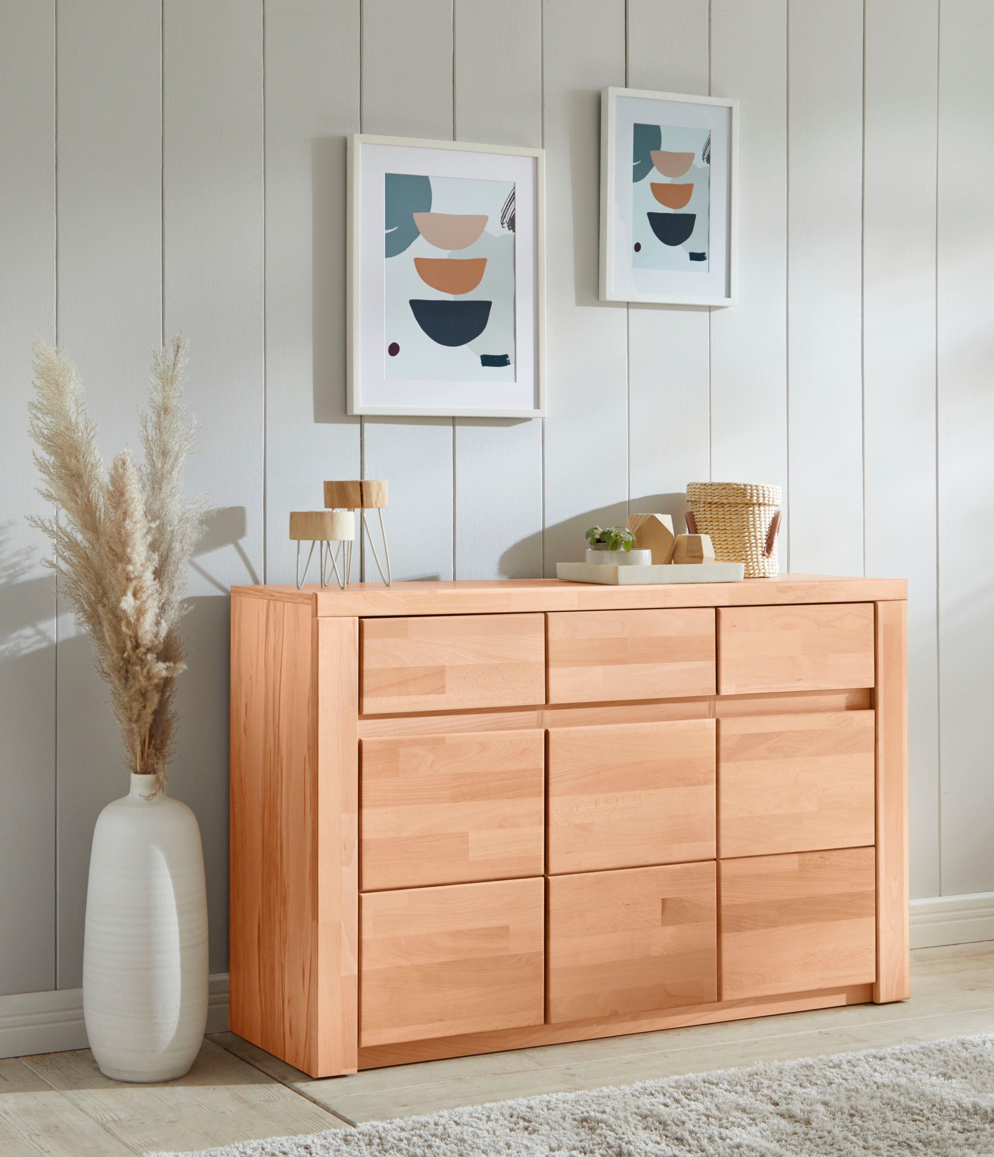 OTTO home Sideboard Burano,127cm breit, Fronten Massivholz,3 Türen,3 Schubladen,6 Fächer, Holz massiv,Holzwerkstoff,Griffmulden,Böden variabel einsetzbar