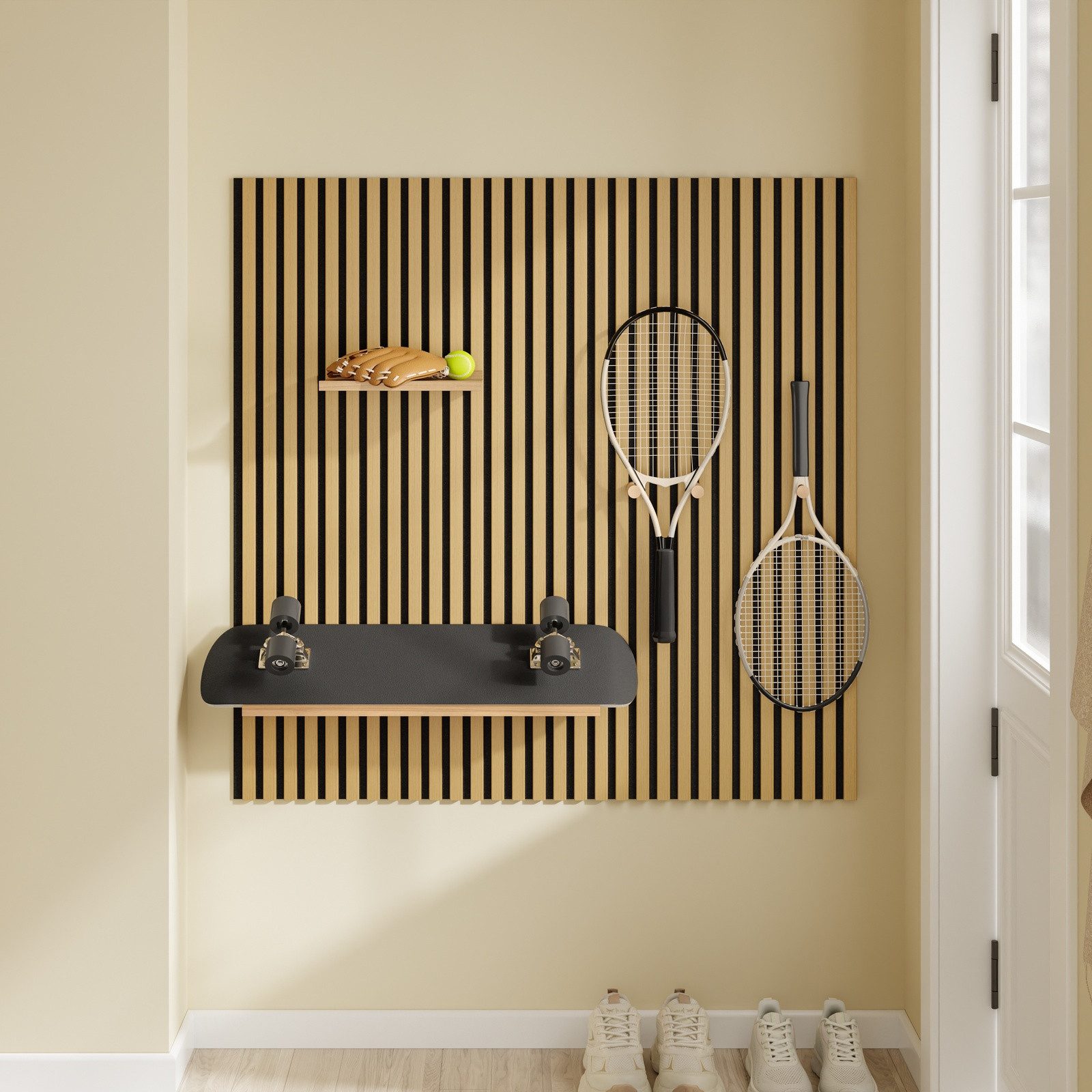SoBuy Wandregal FHK40, Wandpaneel mit Akustikfunktion und Haken, Holz, 120 × 120 cm, Wandregal Akustikpaneele, 2 Verstellbaren Ablagen, 3 Haken, für Flur