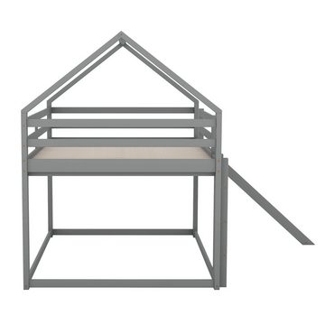 OKWISH Polsterbett Hausbett Etagenbett (Grau, 140x200cm, mit Rutsche und Leiter), Etagenbett in Hausform mit Rutsche, Einfache Montage