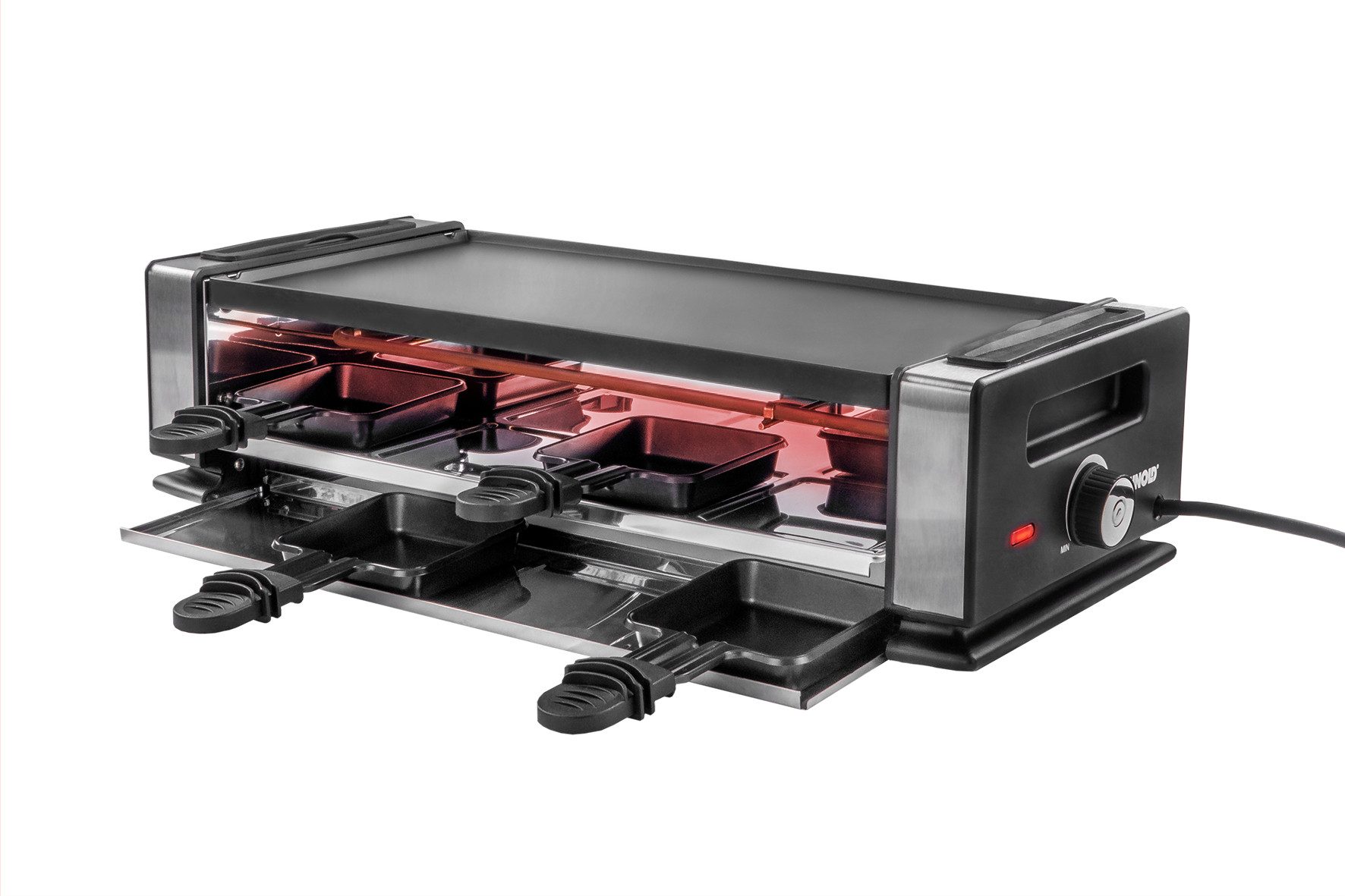 Unold Raclette Delice Basic 48760, 8 Raclettepfännchen, 1200 W, Grillplatte wendbar mit Naturstein-Grillplatte