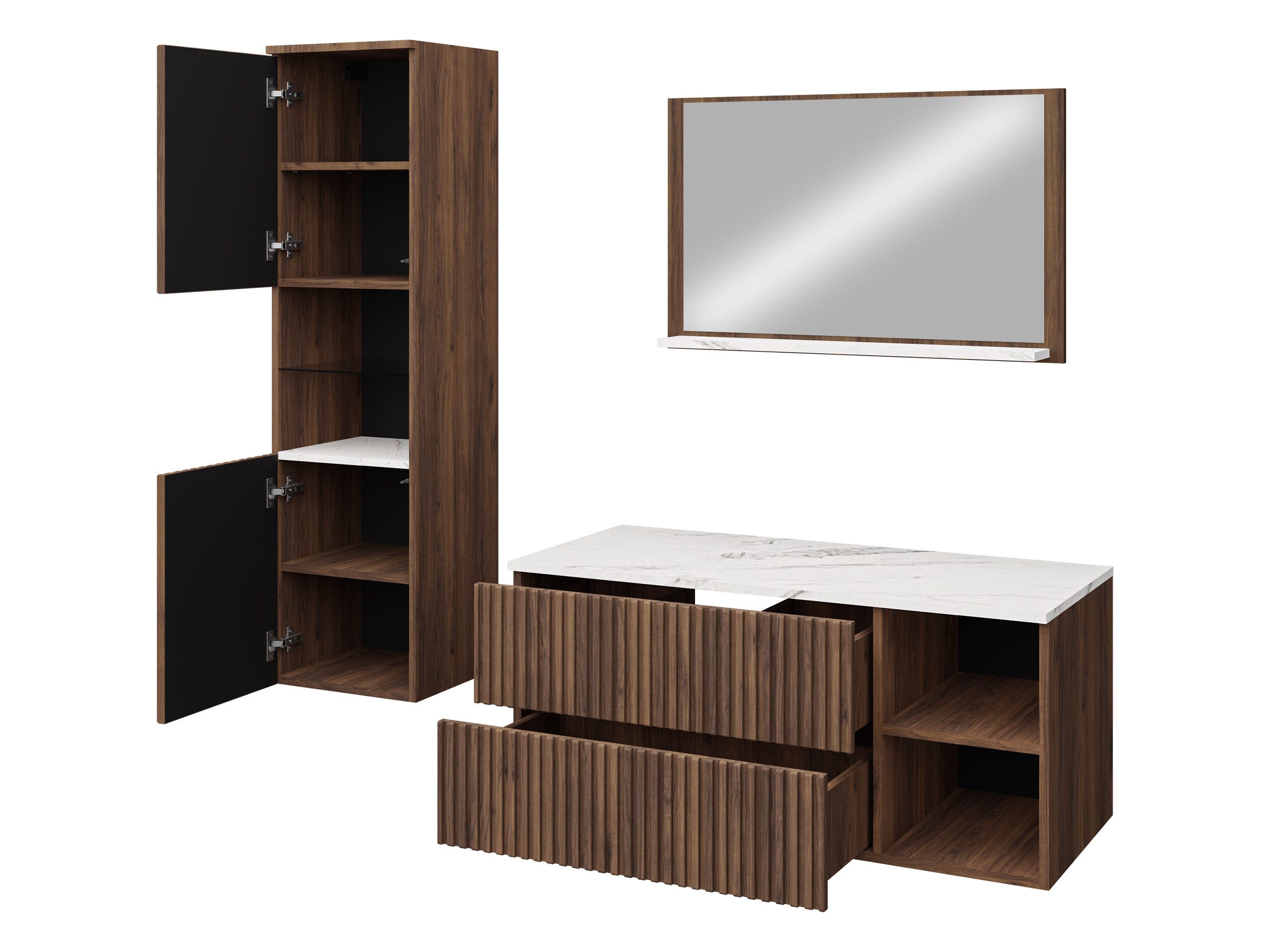 MIRJAN24 Badmöbel-Set Kertos Rillen II, (4er-Set, Spiegel, Waschbeckenschrank, Waschbecken, Schrank), Fronten gefräst, Siphon
