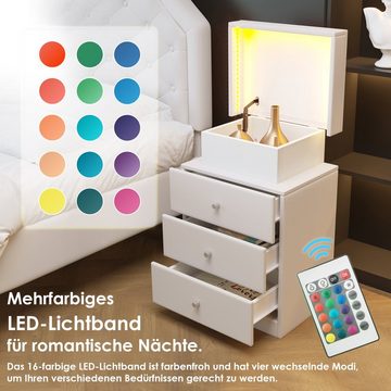 Ulife Nachttisch mit 16-farbigen Lichtleisten,3 Schubladen und eine Schachtel, PU, Weiß