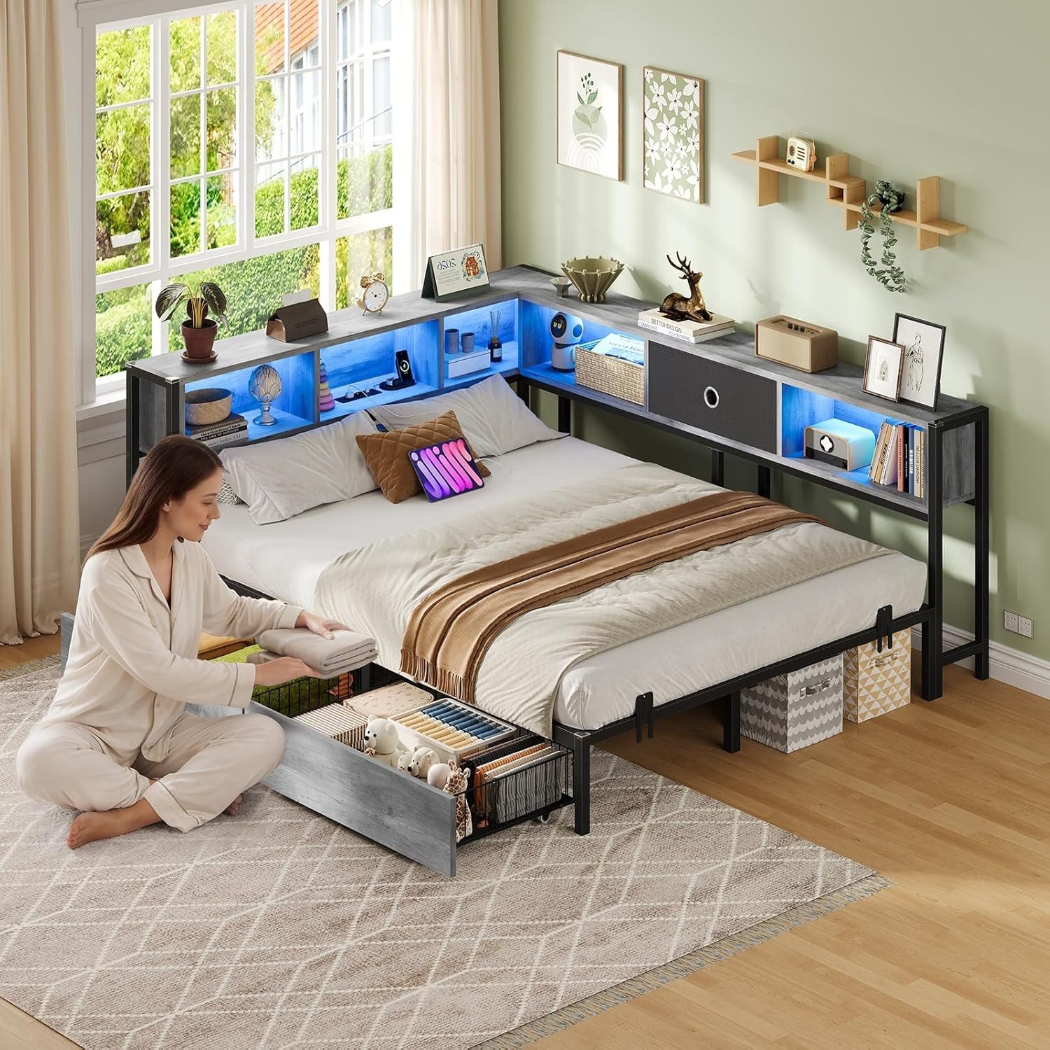 MSMASK Daybett L-Form Schlafsofa mit LED-Beleuchtung und Steckdose, Kinderbett (1 tlg), Jugendbett mit Metallrost, 140x200cm, Grau – Bild 5 von 5