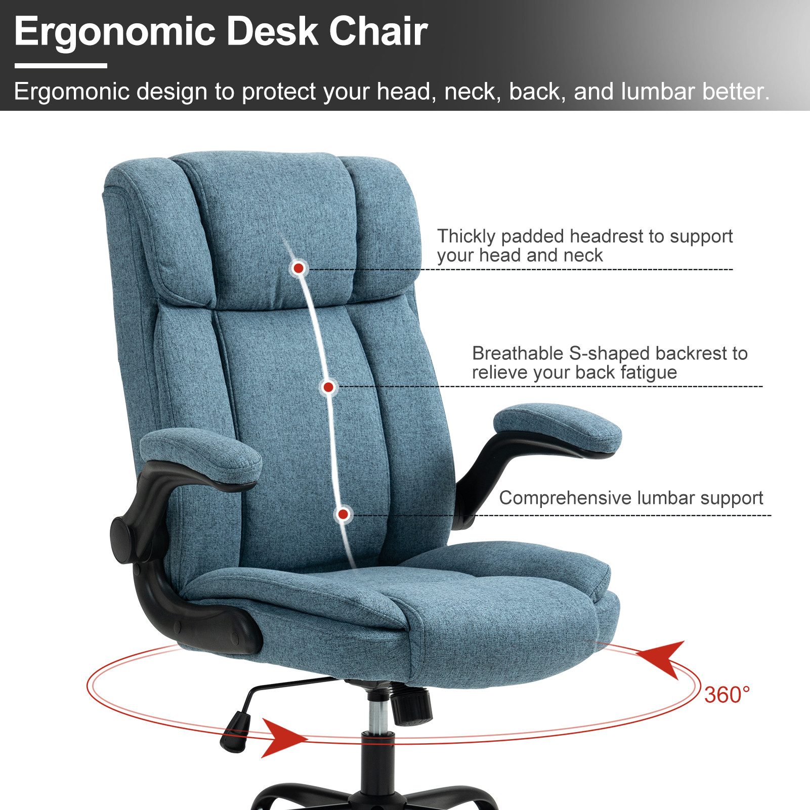 LIYURUI Bürostuhl Ergonomischer 150KG Belastbarkeit Chefsessel Stoff Flip-up Armlehnen (1 St), mit Hoher Rückenlehne und Breitem Sitz, blau – Bild 5 von 5