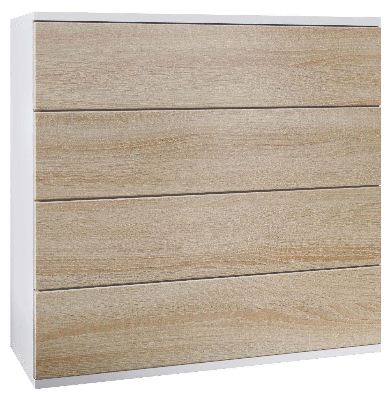Vladon Kommode Pavos V3 (Sideboard hängend, mit 4 Schubladen), Weiß matt/Eiche sägerau (76 x 76 x 35 cm)