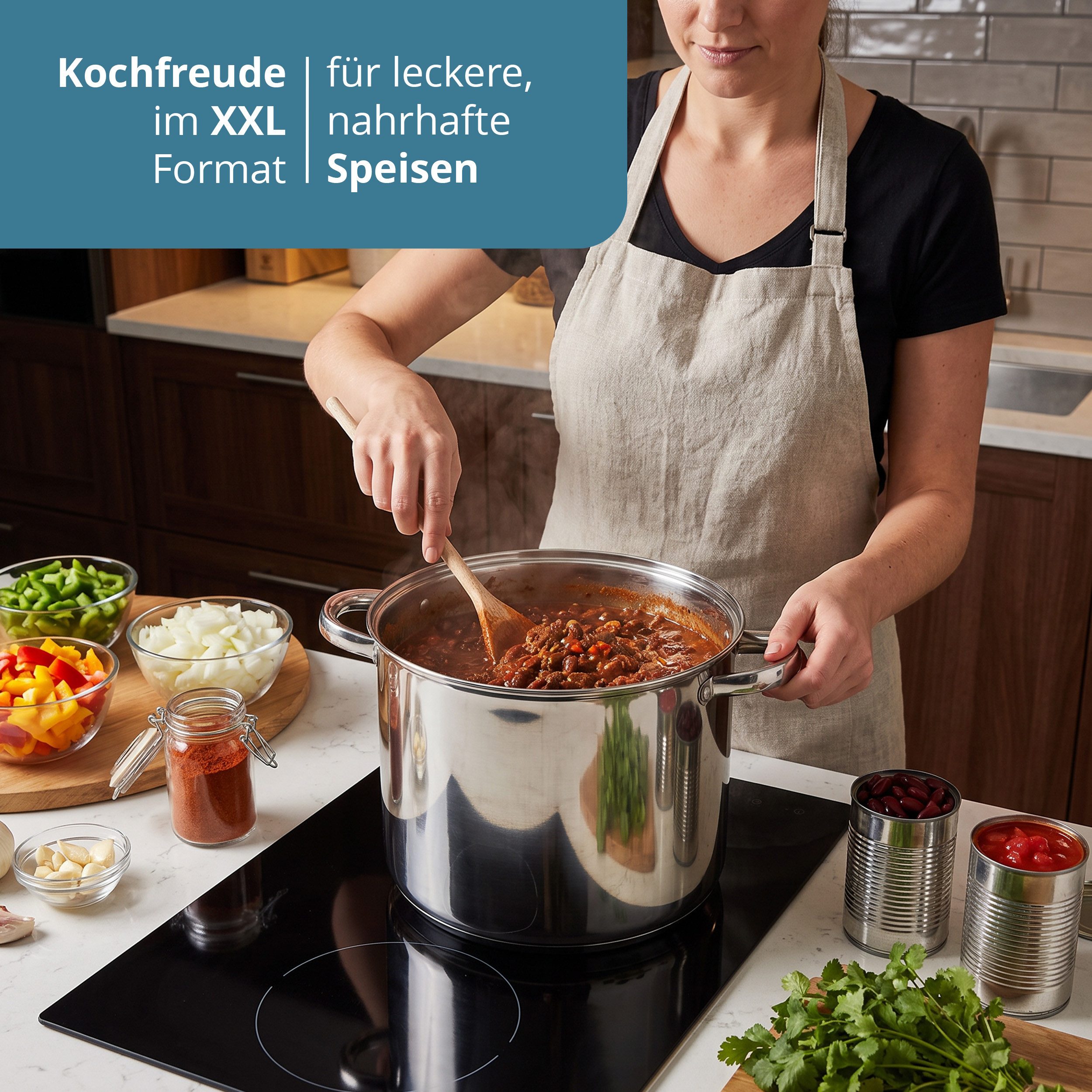 KHG Suppentopf XXL Kochtopf 26 cm Durchmesser, inkl. Glasdeckel, Edelstahl, 10 Liter Volumen, Glasdeckel, für alle Herdarten inklusive Induktion – Bild 5 von 5