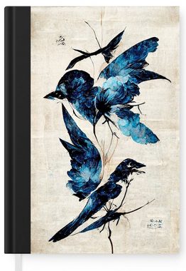 MuchoWow Notizbuch Vögel - Tiere - Blau - Vintage, Journal, Merkzettel, Tagebuch, Notizheft, A5, 98 Seiten, Haushaltsbuch