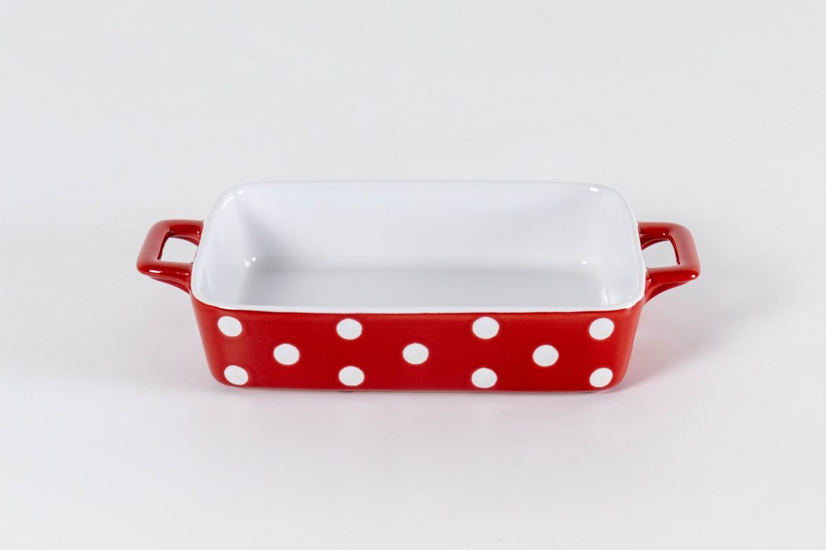 Isabelle Rose Auflaufform Rot mit weißen Punkten, Keramik, handbemalt, (1-St), ca. 29,5 x 17 x 5 cm - ideal für 2 Personen